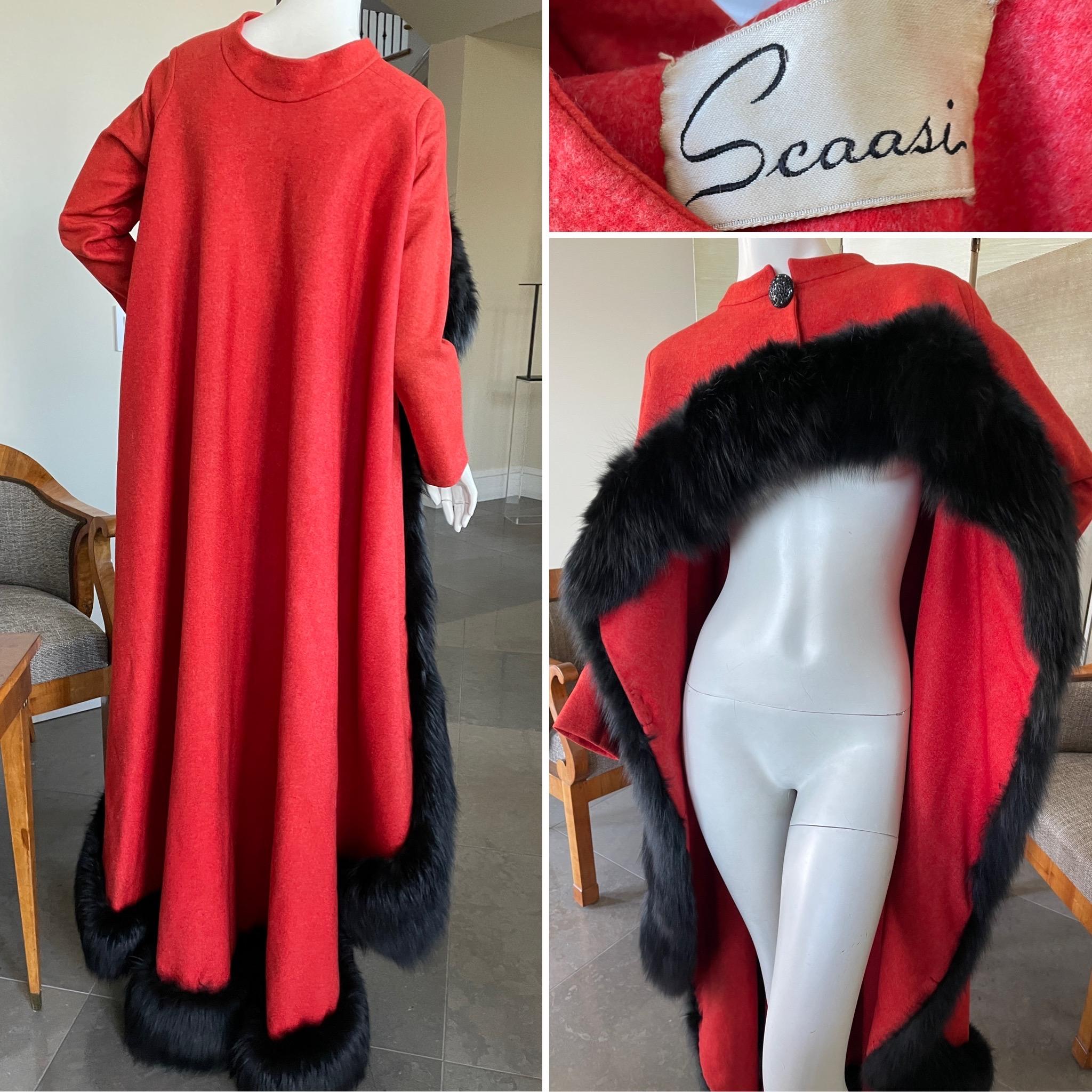 Women's Arnold Scaasi Dramatic Red Opera Cape Trimmed in Black Fox For Sale