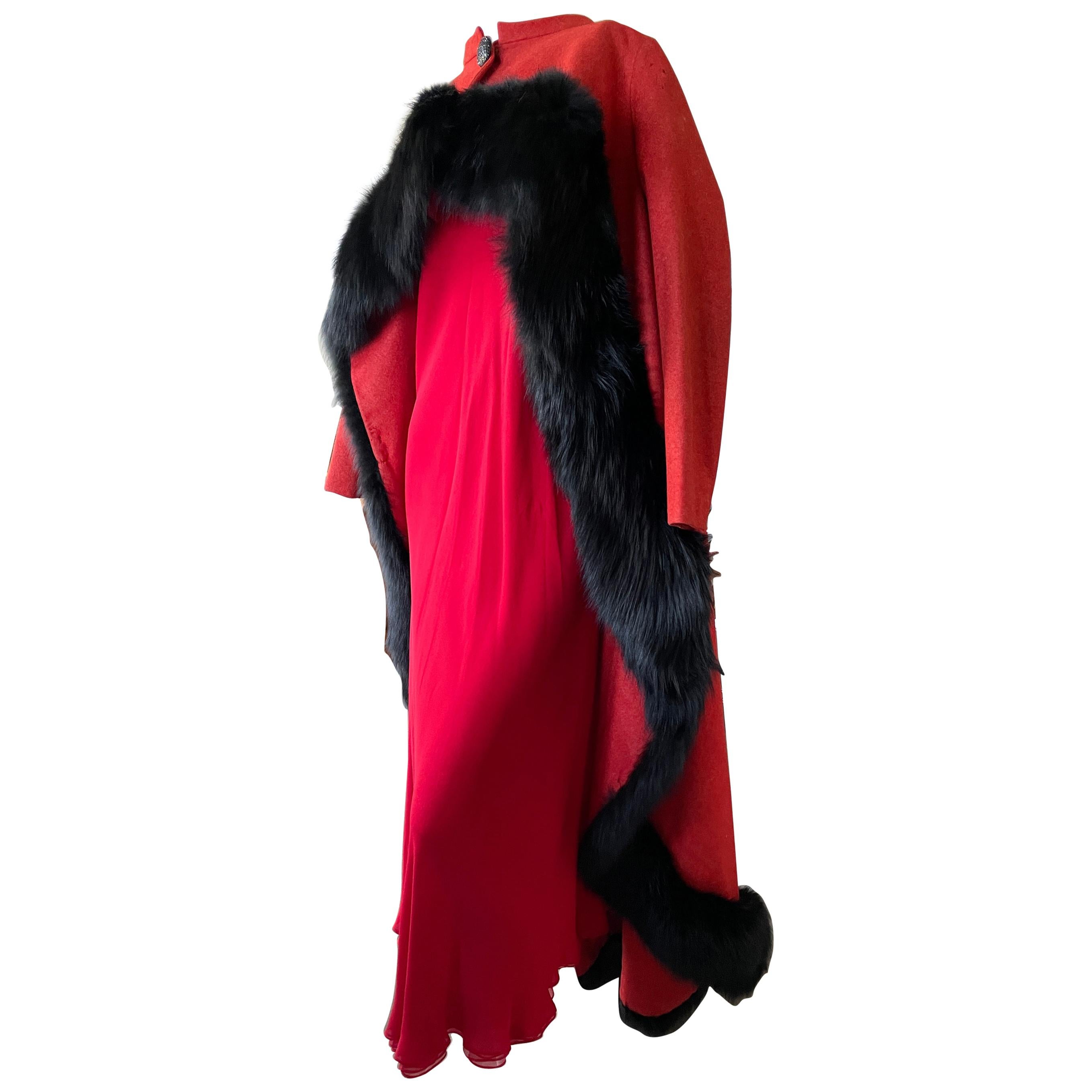 Arnold Scaasi Dramatic Red Opera Cape Trimmed in Black Fox For Sale