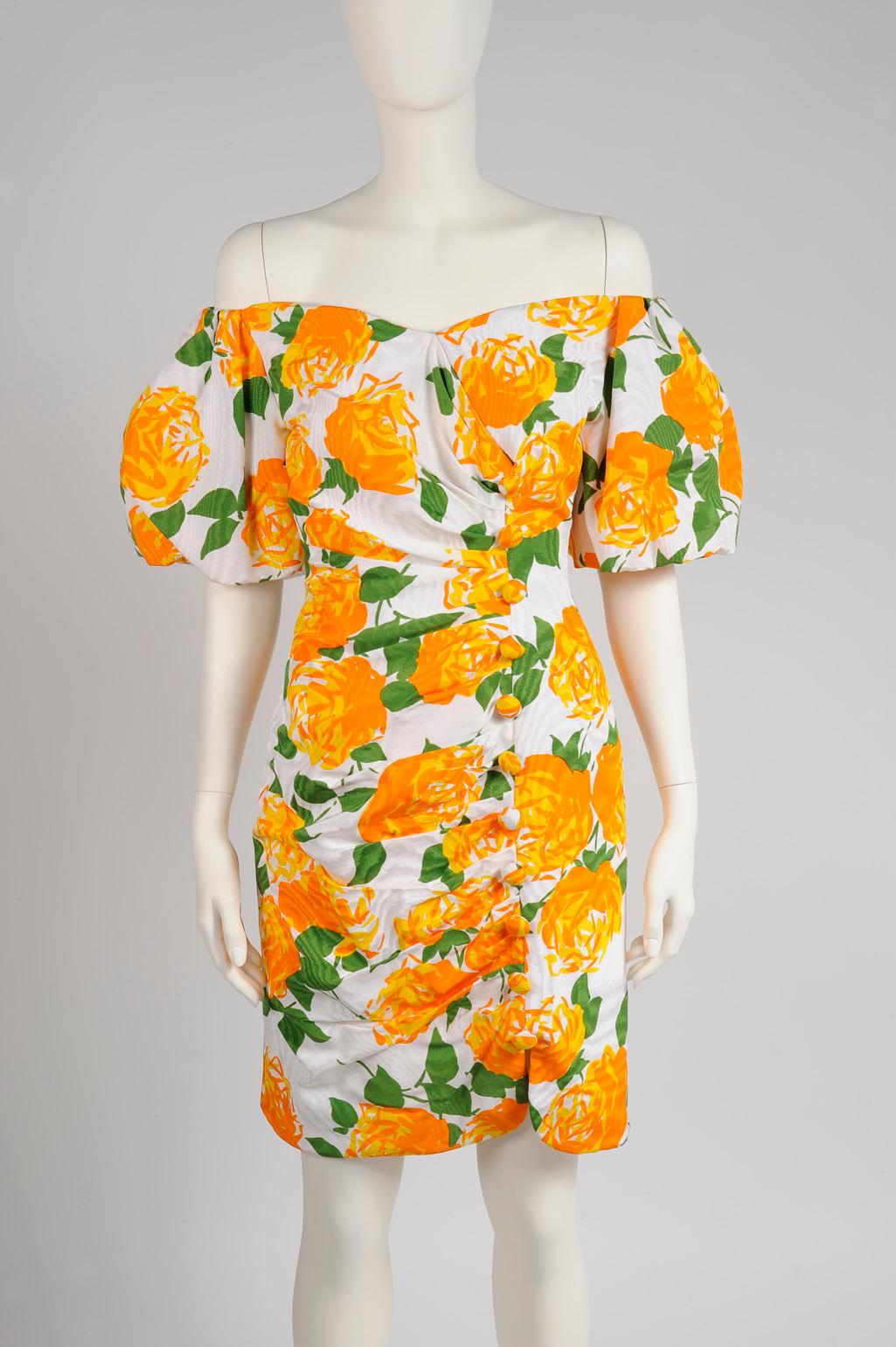 Yellow Arnold Scaasi Off-The-Shoulder Ruched Floral-Print Cocktail Dress For Sale