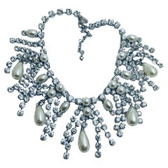ARNOLD SCAASI signed silver pearl crystal statement designer runway necklace