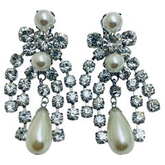ARNOLD SCAASI signed silver pearl crystals designer runway clip on earrings