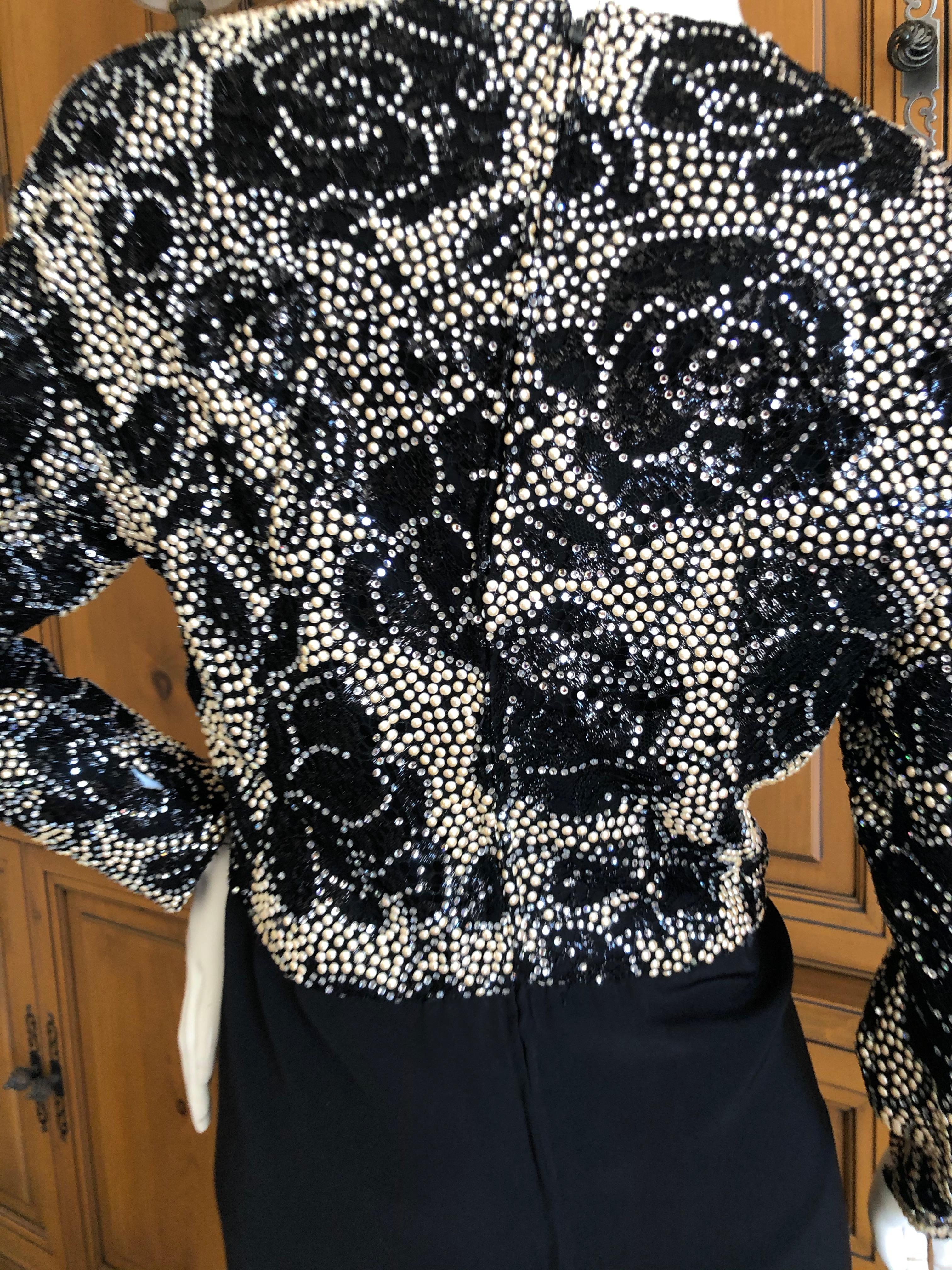 Arnold Scaasi Vintage 1980's Black Velvet Evening Dress w Crystal & Pearl Detail For Sale 6