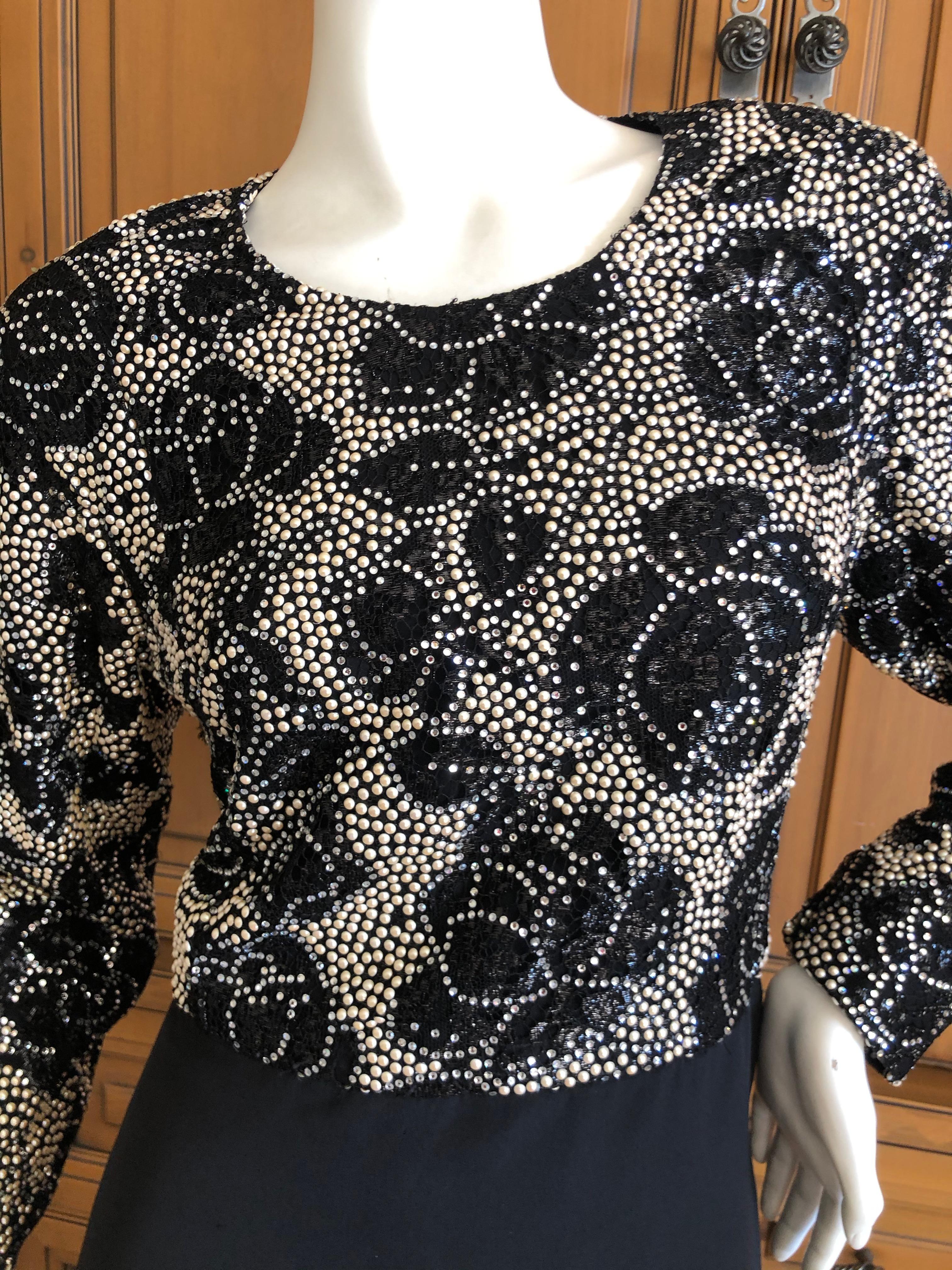 Arnold Scaasi Vintage 1980's Black Velvet Evening Dress w Crystal & Pearl Detail For Sale 2