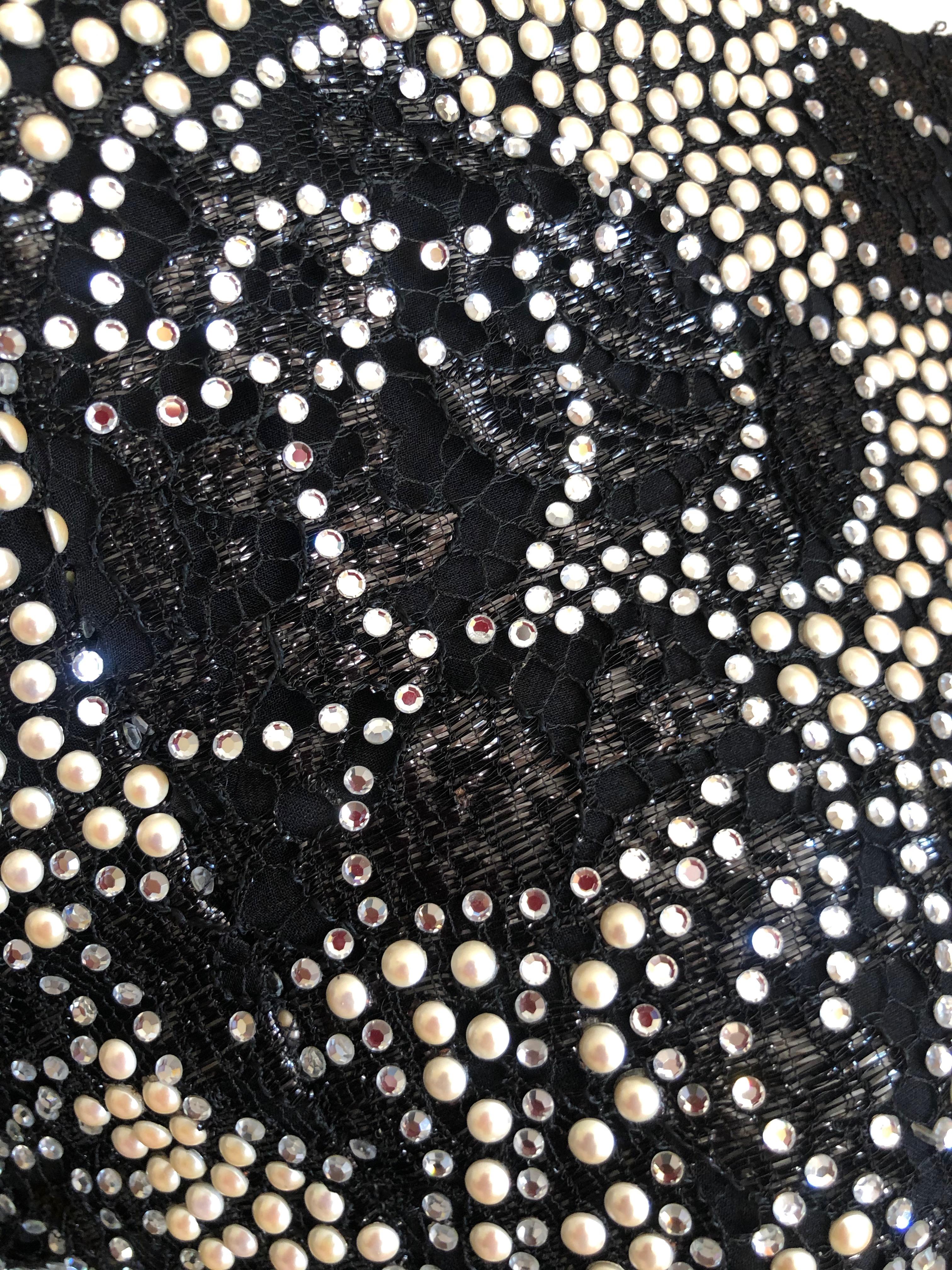 Arnold Scaasi Vintage 1980's Black Velvet Evening Dress w Crystal & Pearl Detail For Sale 4