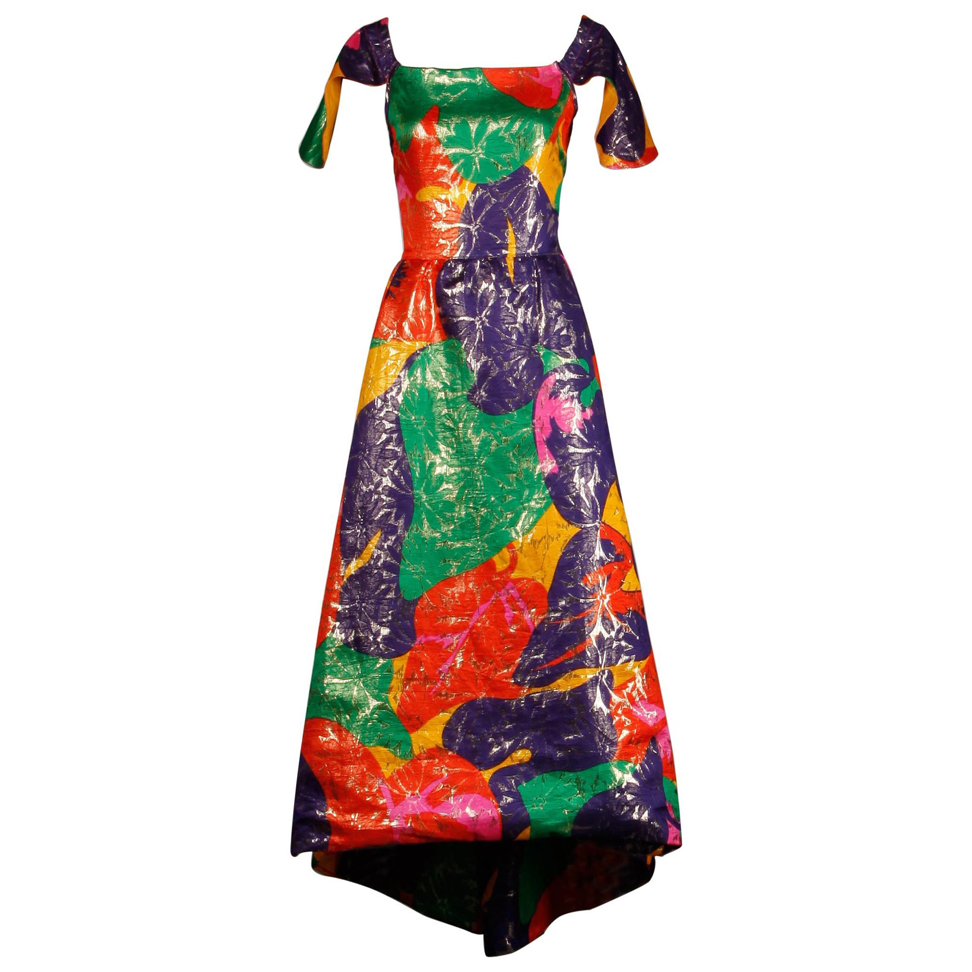 Arnold Scaasi Vintage Colorful Metallic Lamé Silk Evening Gown Dress, 1980s