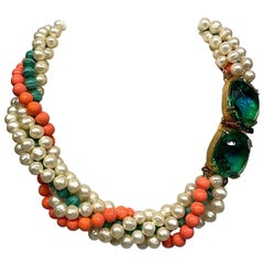 Arnold Scassi 1980s Torsade Corail:: Malachite & Collier de perles & Fermoir à bijoux
