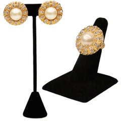 Arnold Scassi Faux Gold-tone Pearl & Rhinestone Earrings/Ring 1980s