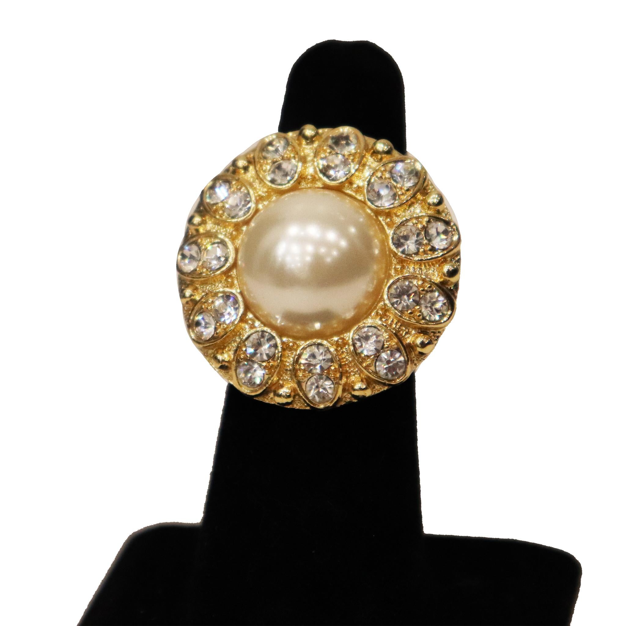Women's Arnold Scassi Faux Gold-tone Pearl & Rhinestone Earrings/Ring 1980s