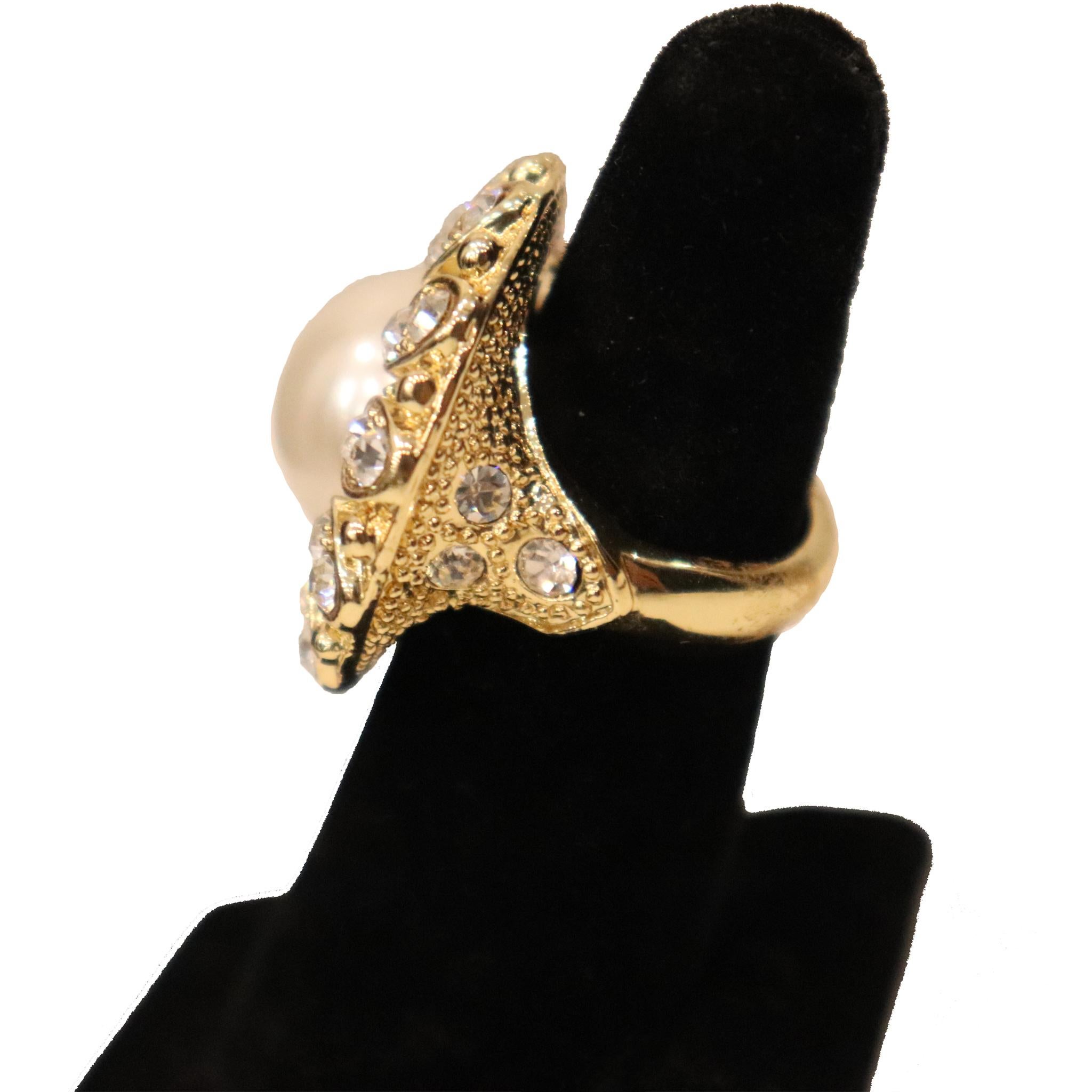 Arnold Scassi Faux Gold-tone Pearl & Rhinestone Earrings/Ring 1980s 2