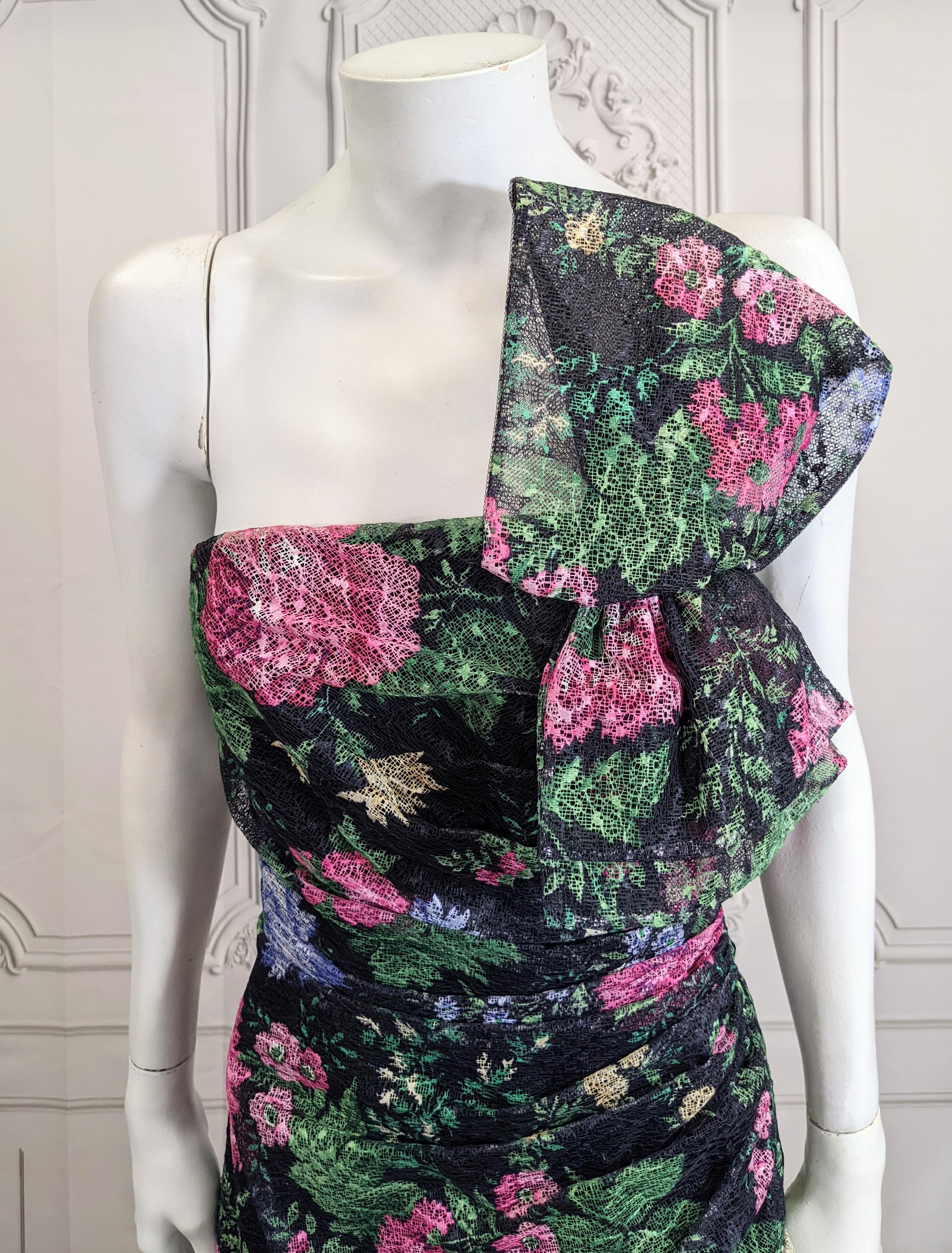 Black Arnold Scassi Ruched Strapless Floral Net Gown For Sale