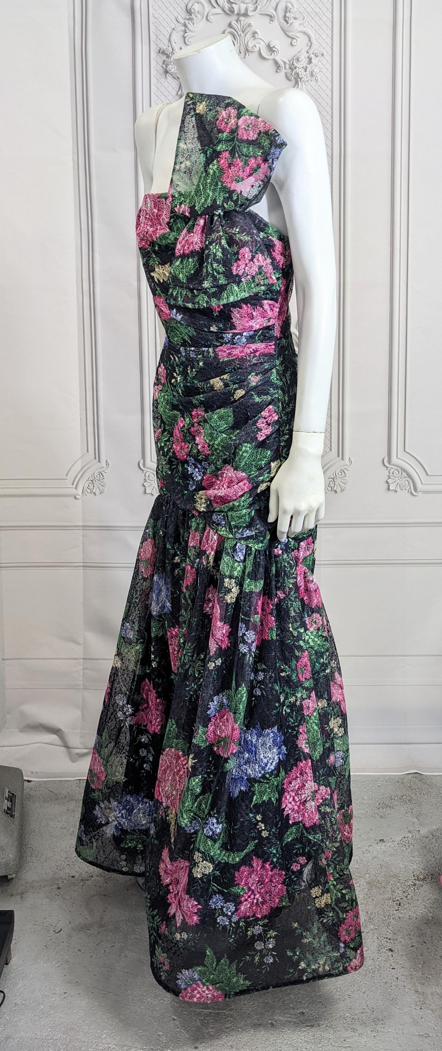  Arnold Scassi Ruched Strapless Floral Net Gown In Excellent Condition For Sale In New York, NY