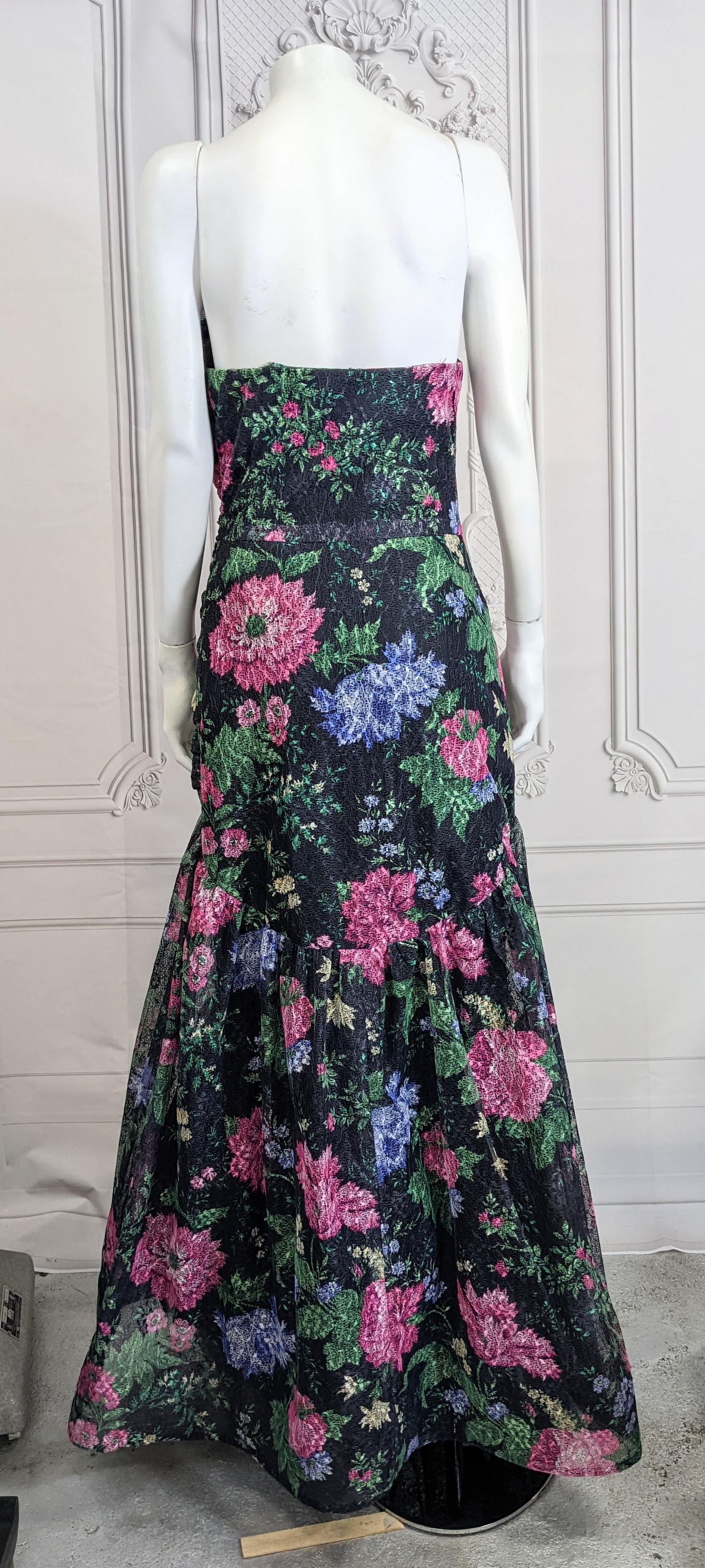  Arnold Scassi Ruched Strapless Floral Net Gown For Sale 2