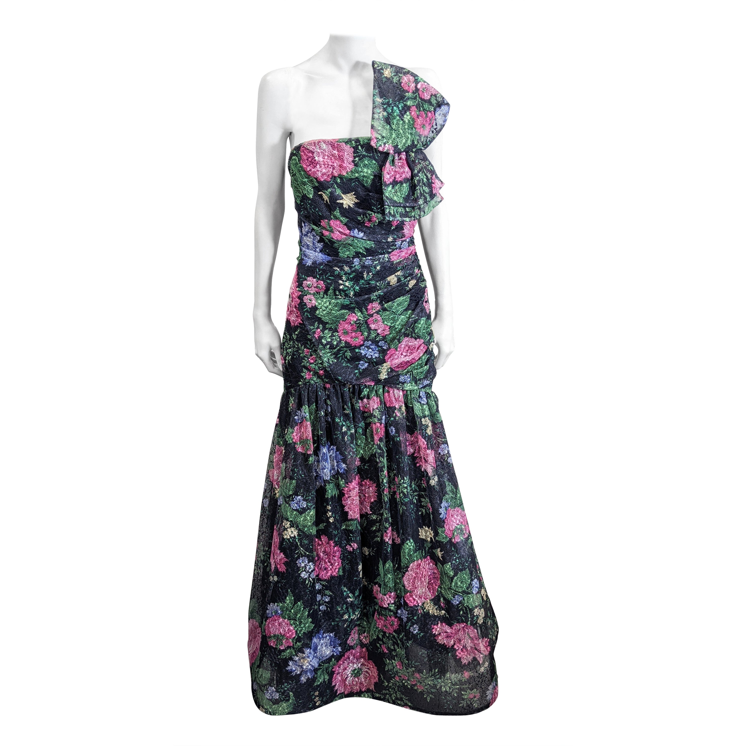 Arnold Scassi - Robe bustier en filet à fleurs froncée