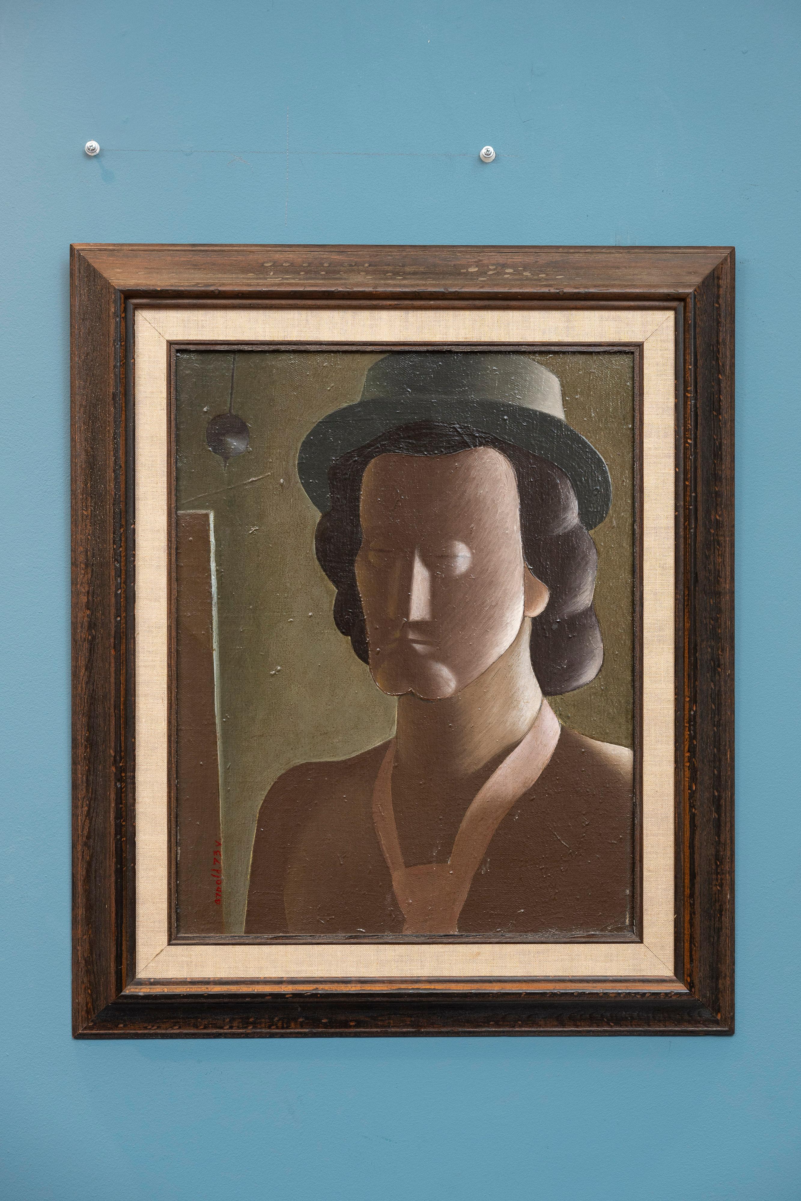 Arnold Shared Pintura al óleo sobre lienzo, firmada y fechada en 1973. Bodegón de estilo moderno posiblemente un autorretrato del artista. Nació en Ucrania y emigró a Brooklyn, Nueva York, donde trabajó en el mundo del arte durante toda su vida. Un