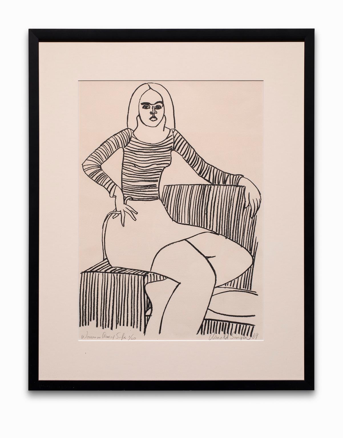 Arnold Singer « Femme au bras du canapé », lithographie linéaire noire et blanche