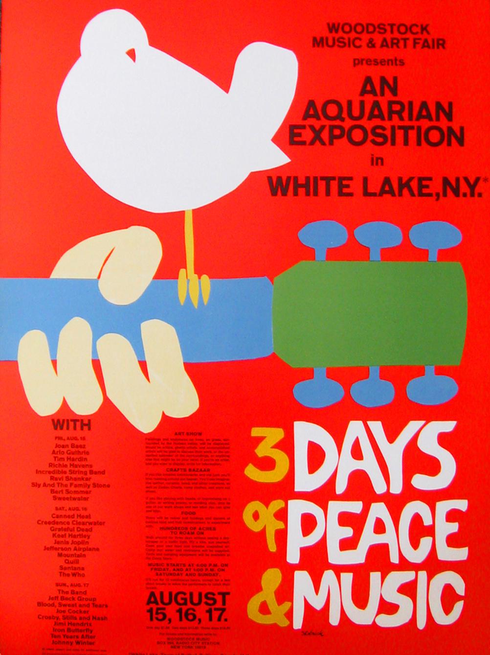 "3 Days of Peace & Music" Original Vintage Woodstock Concert Poster (Handsigned) - Print by Arnold Skolnick