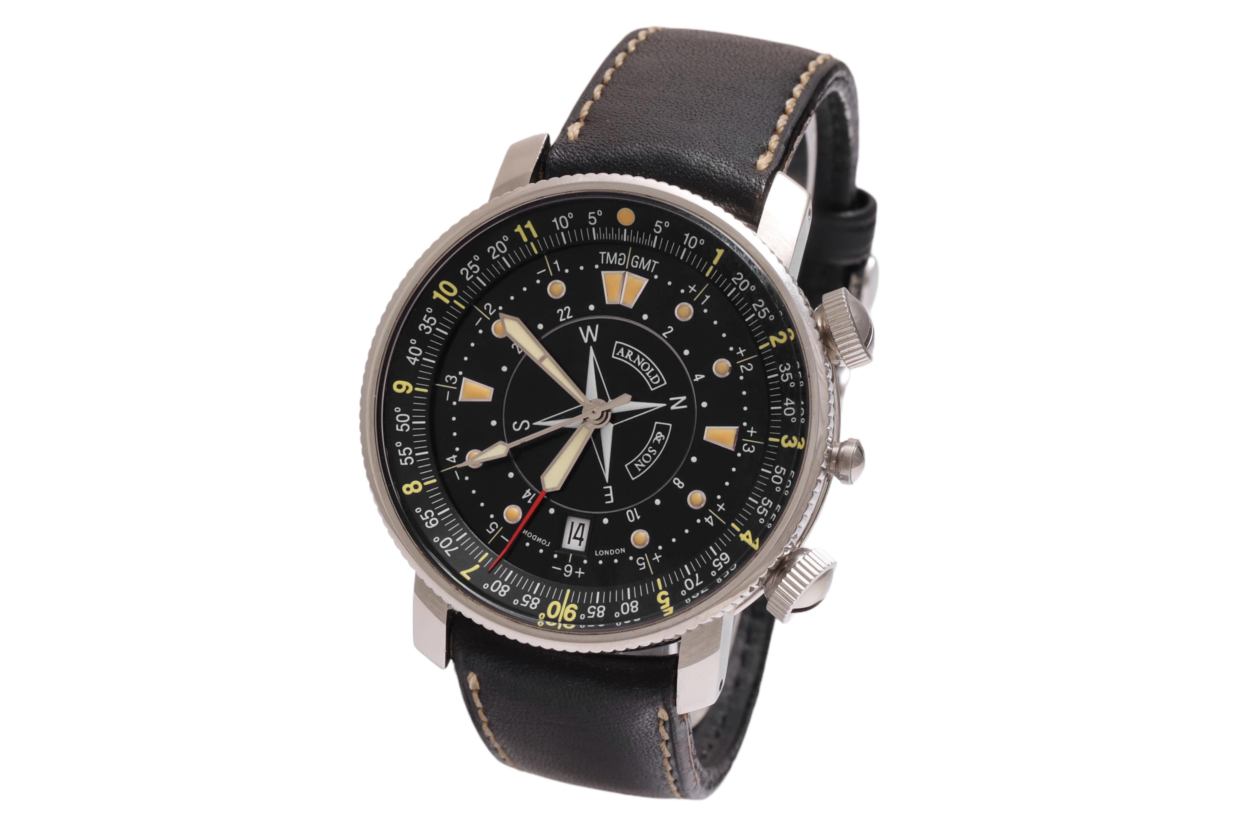 Arnold & Son Longitude Timekeeper wristwatch, Automatic With Original Box

Movement: Automatic

Caliber: Cal. A1714

Functions: GMT, longitude calculator, and date

Case: Stainless steel case, Diameter 40 mm, thickness 14.5 mm

Dial: Black dial with