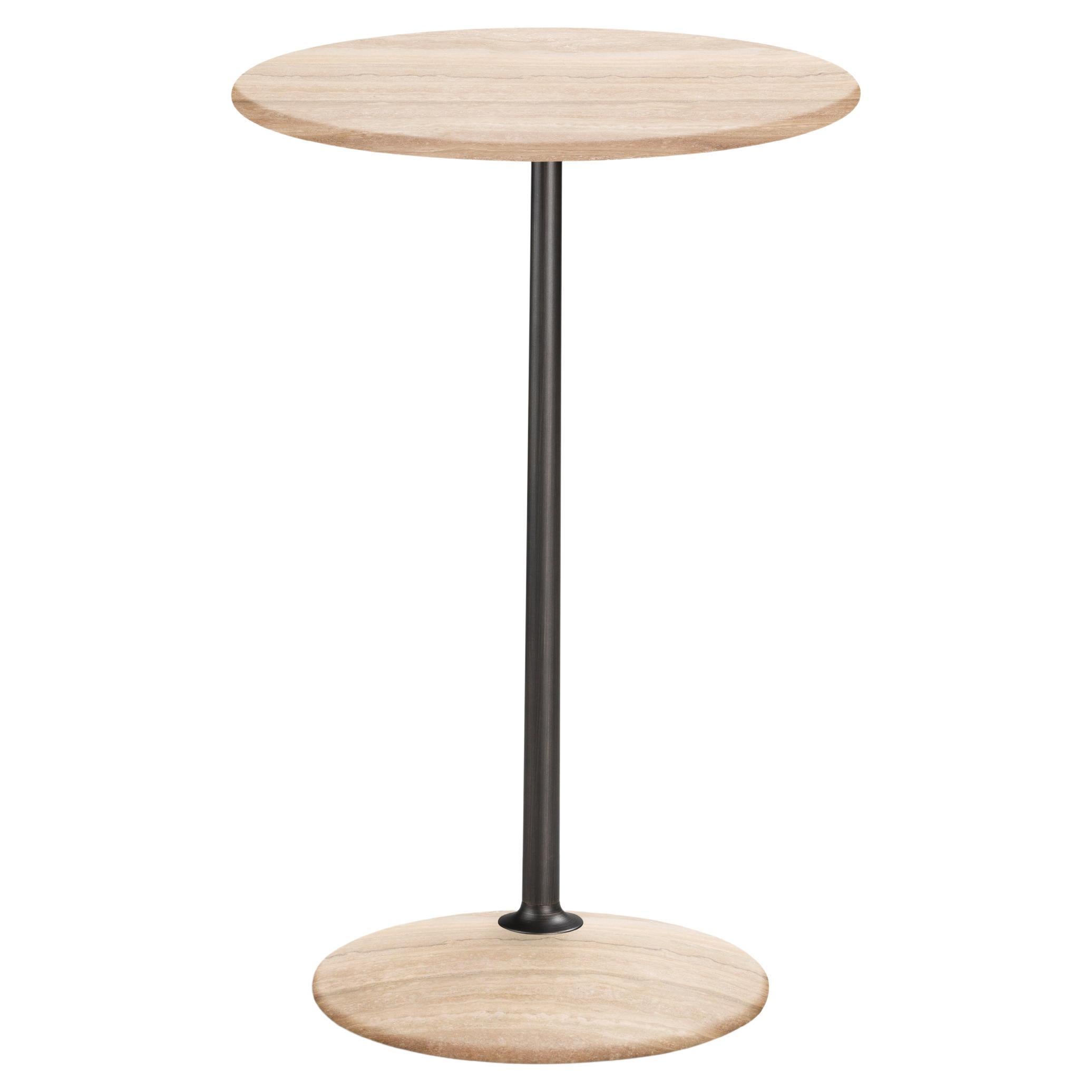 Arnold Tall Table, Travertine Top, Burnished Brass Structure, Made in Italy