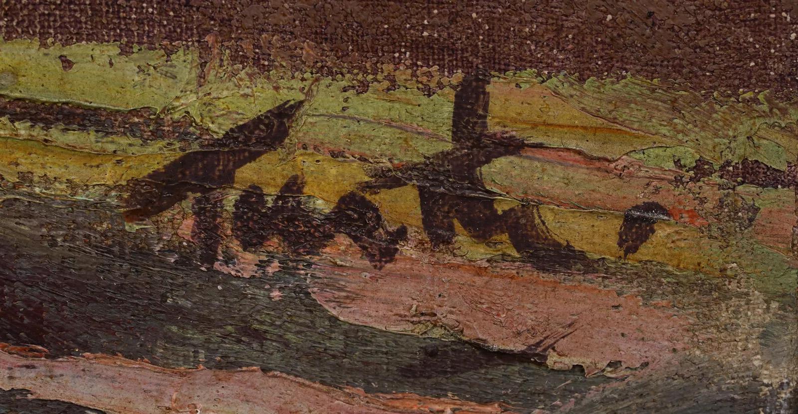 Dipinto a olio su cortile impressionista americano di Arnold Turtle (1892-1954).  Incorniciato.  Olio su tela.  Firmato.  Dimensioni dell'immagine, 16H per 20L.