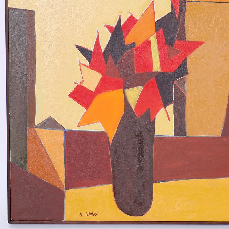 Modernist painting on canvas with a vibrant palette and a still life cityscape composition with a cubist edge. Signed by the noted artist Arnold Weber in the lower left.