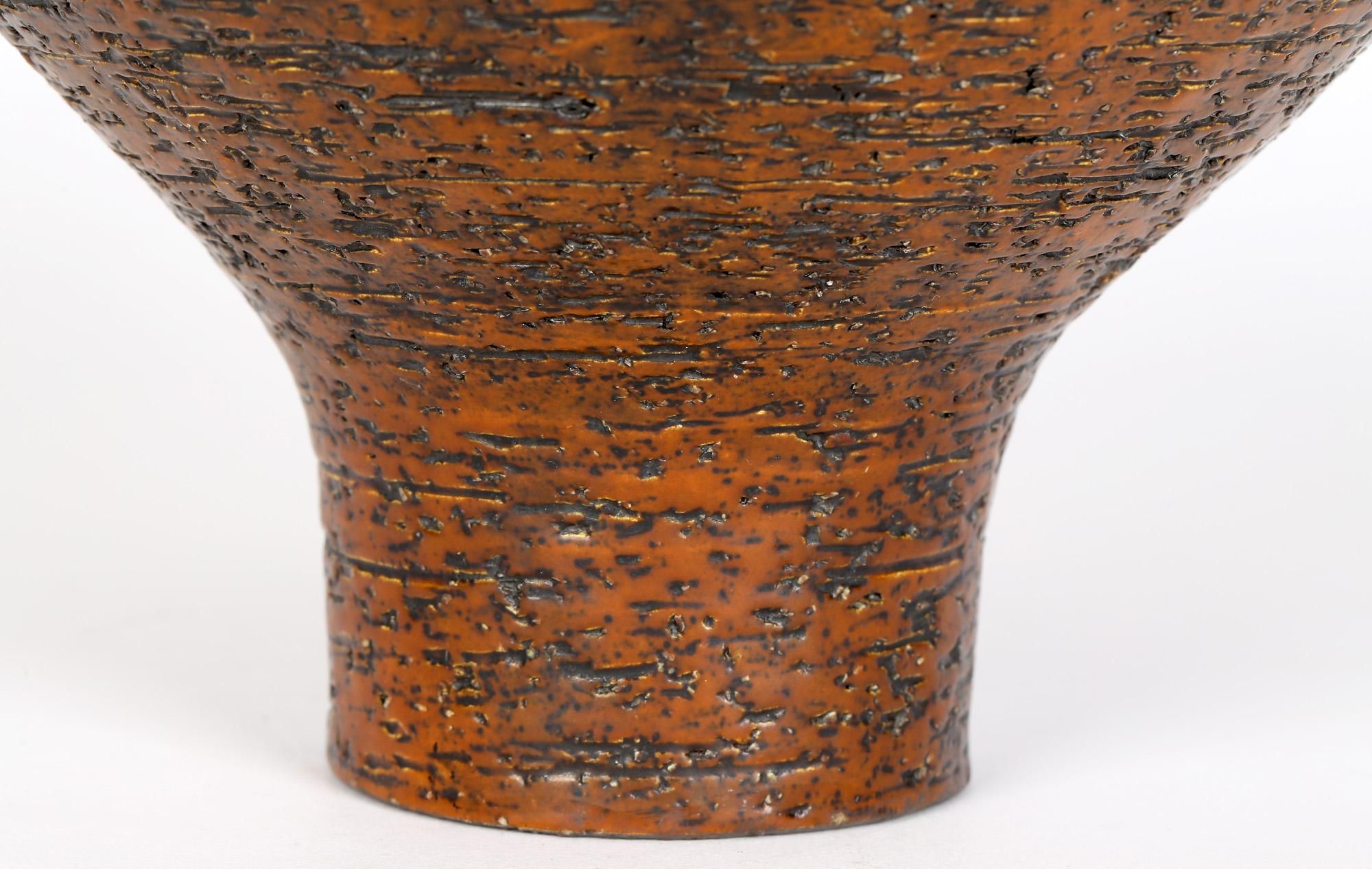 Glazed Arnold Wiigs Fabriker 'AWF' Finnish Brutalist Textured Stoneware Pedestal Bowl For Sale