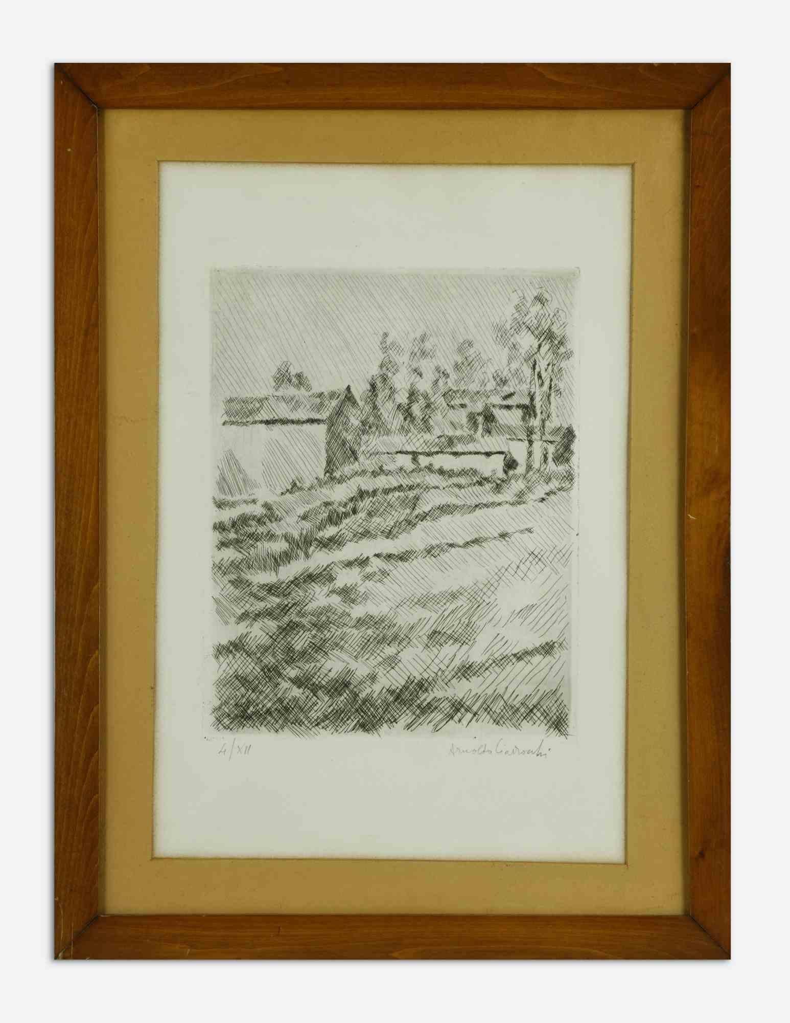 Landscape is a modern artwork realized by Arnoldo Ciarrocchi in the mid-20th Century.

Black and white etching.

Hand signed and numbered on the lower margin

Edition of 4/XII.

Includes frame: 58.5 X 1.5 X 44.5 cm