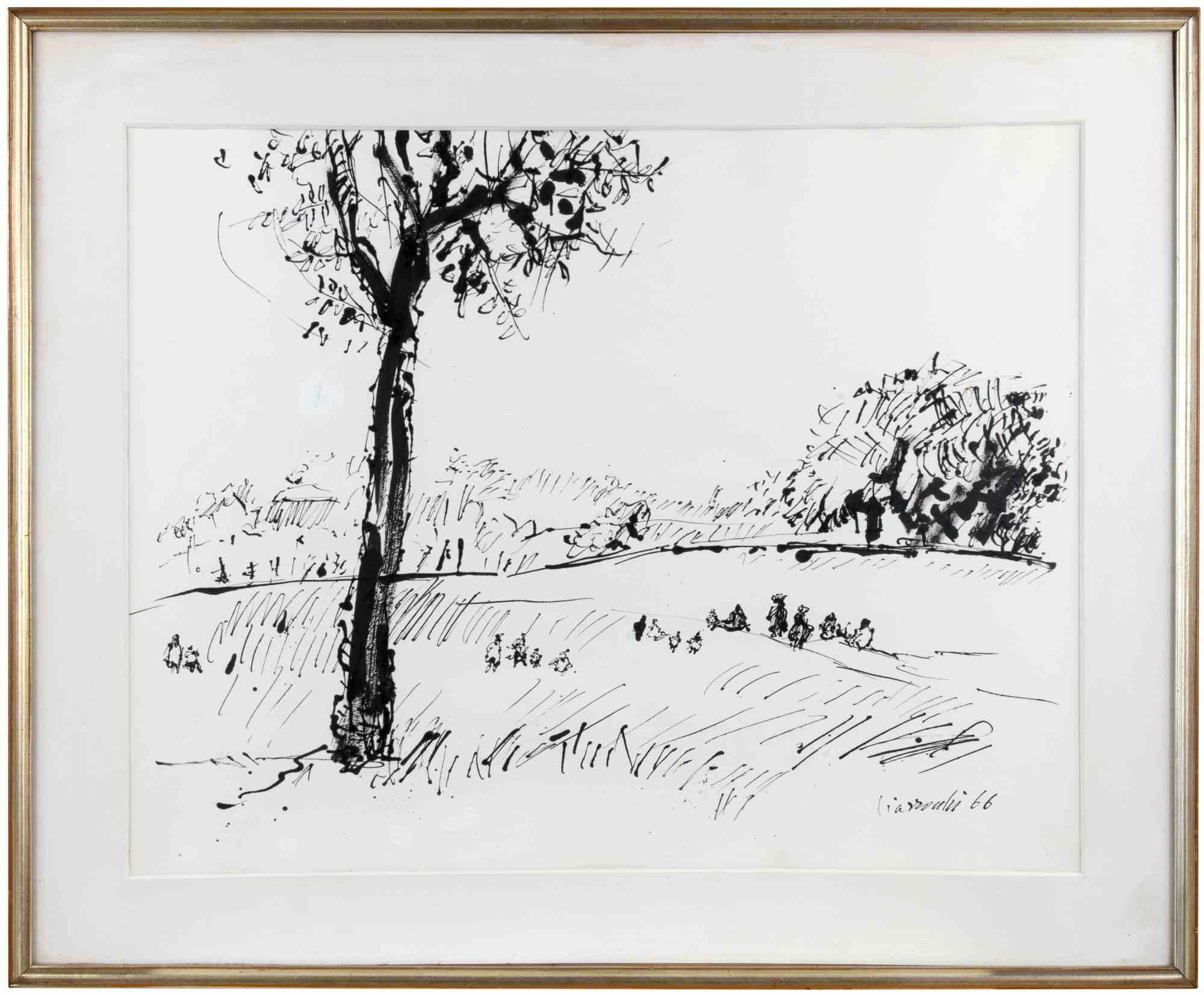 Landscape ist ein modernes Kunstwerk von Arnoldo Ciarrocchi aus dem Jahr 1966.

China-Tusche Zeichnung auf Papier.

Am unteren Rand handsigniert und datiert.

Inklusive Rahmen