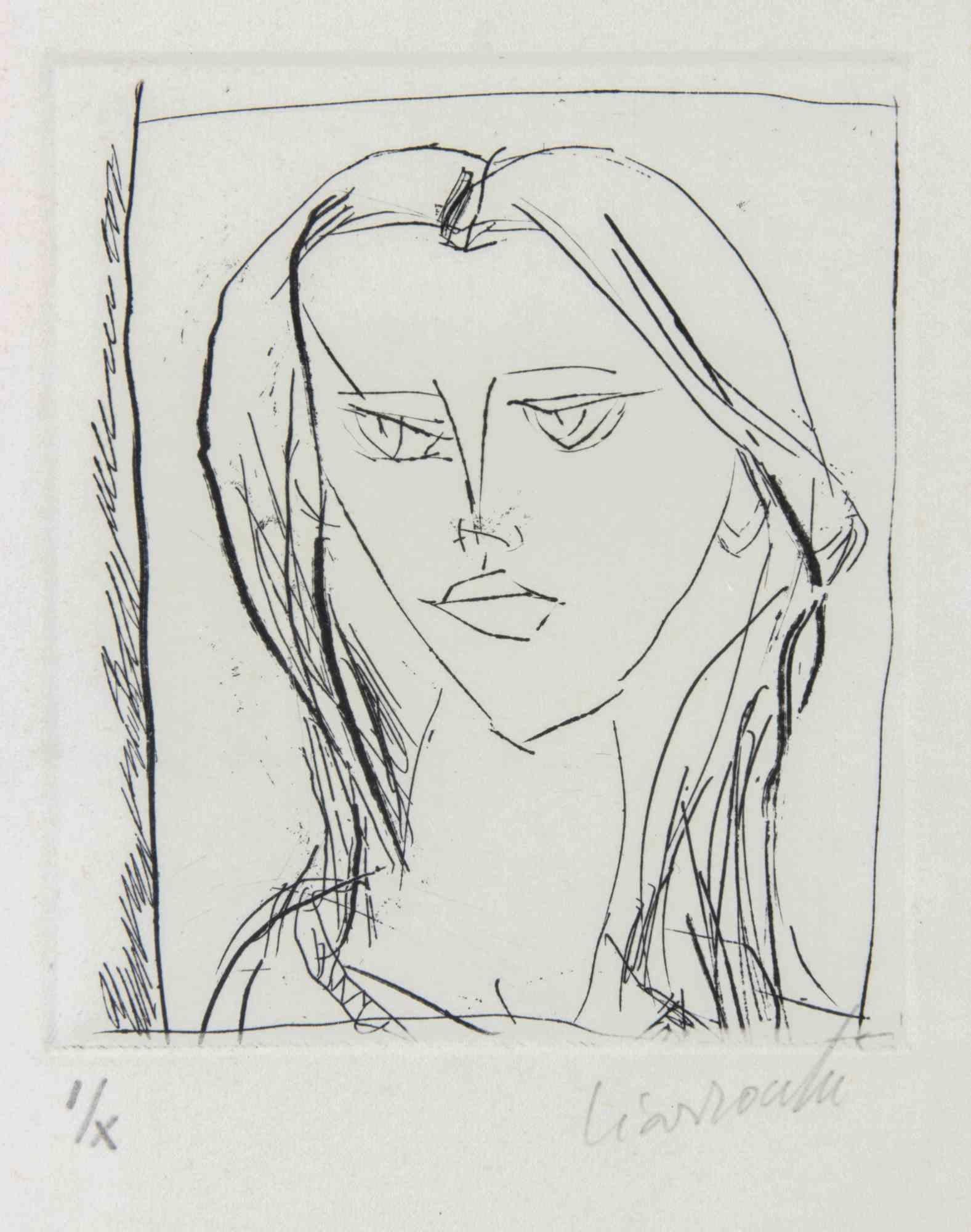 Portrait of a Girl - Etching by Arnoldo Ciarrocchi - 1970s