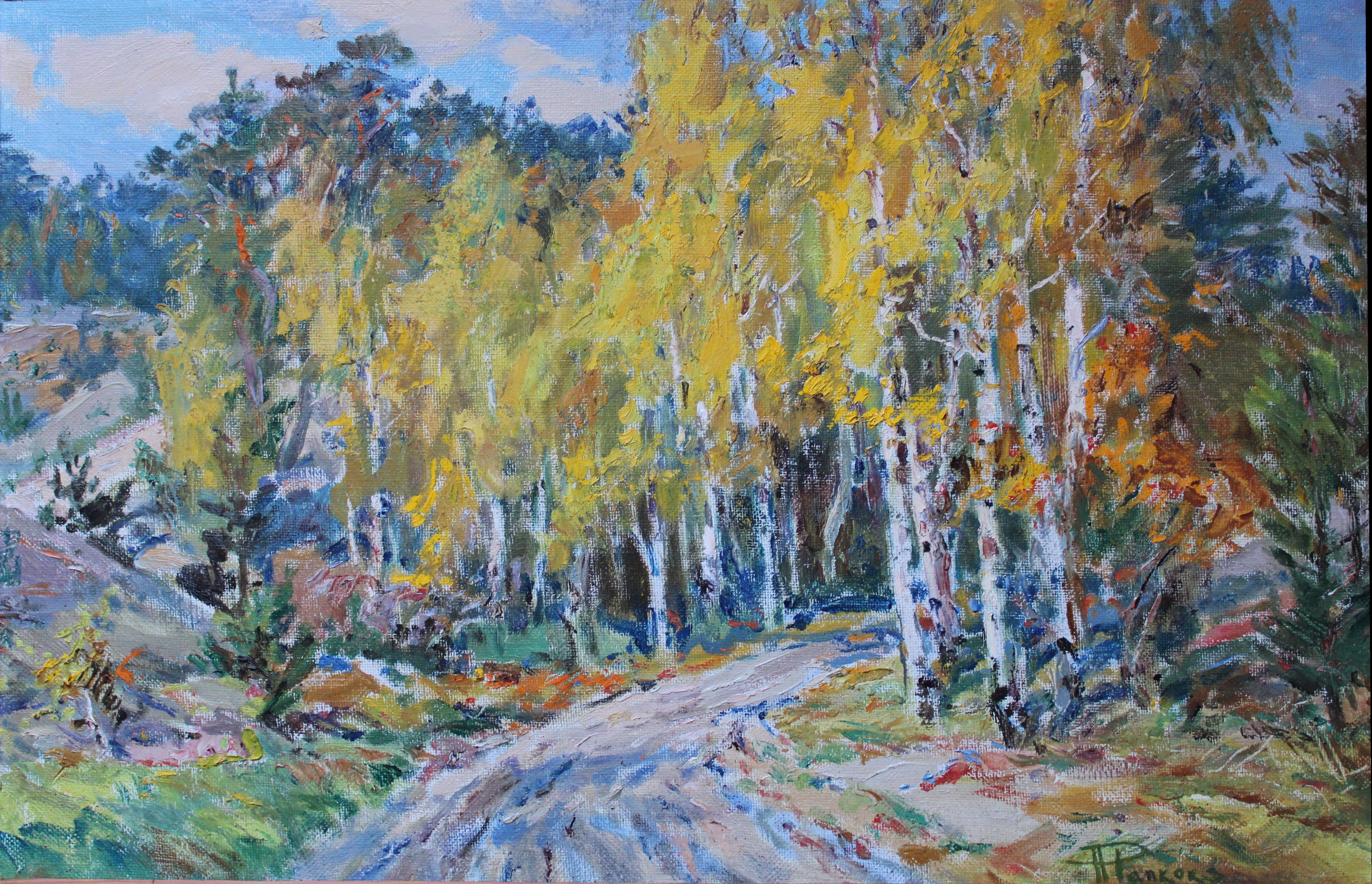 Arnolds Pankoks Landscape Painting - Birches. Oil on canvas. 46, 5x70, 5 cm.