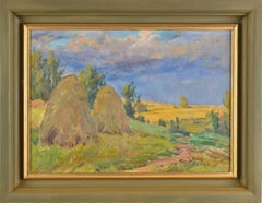 Landscape with Hey stacks. Oil on cardboard. 35x49 cm