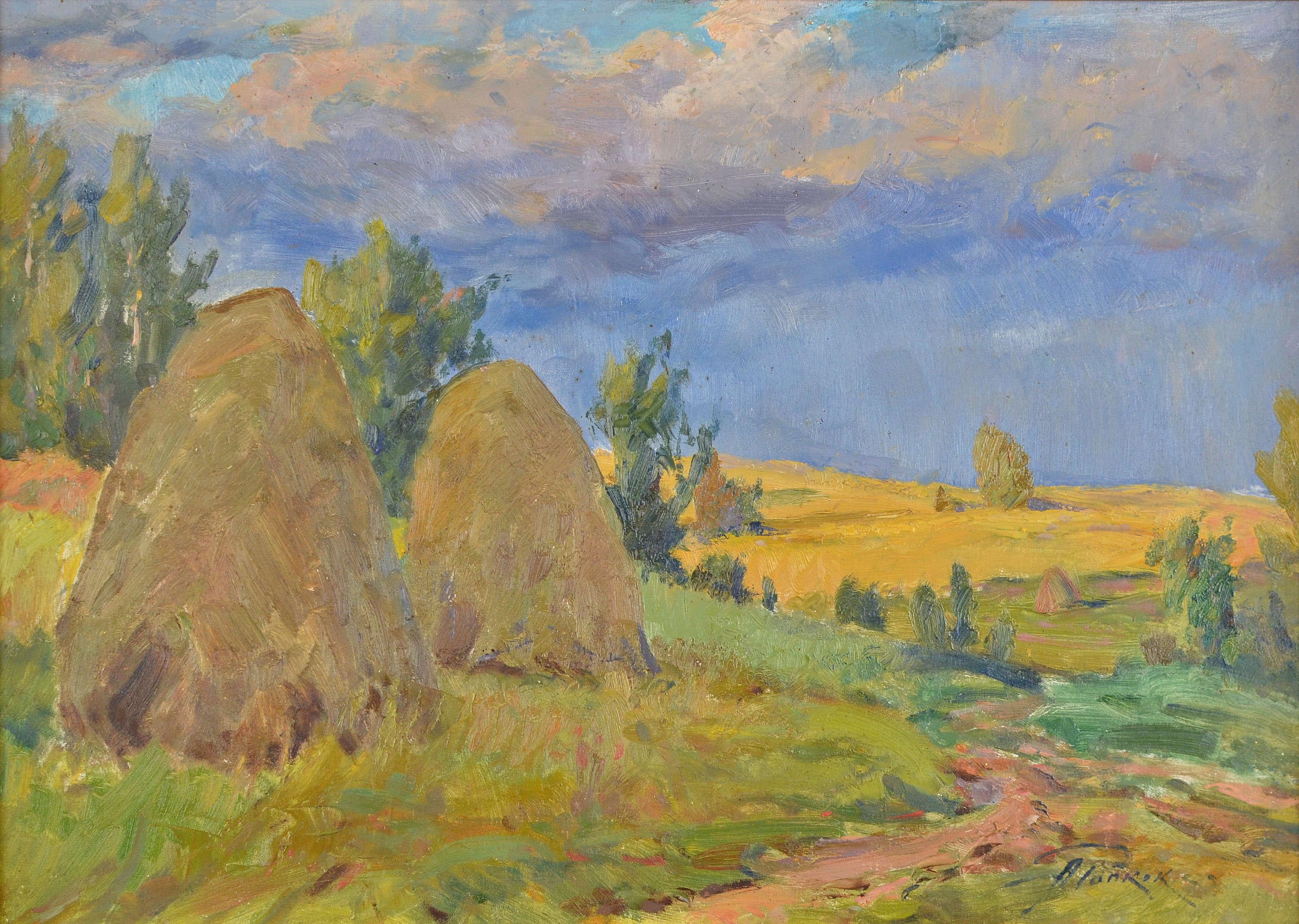 Landscape Painting Arnolds Pankoks - Landscape with Hey stacks. Oil on cardboard. 35x49 cm