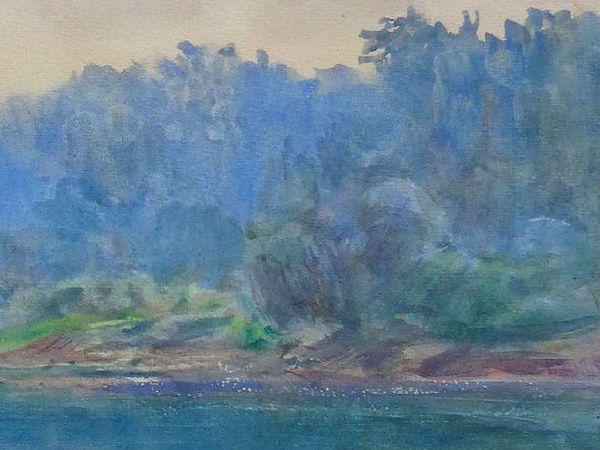 Fluss. Papier, Aquarell, 35x48 cm, Papier (Grau), Landscape Painting, von Arnolds Pankoks