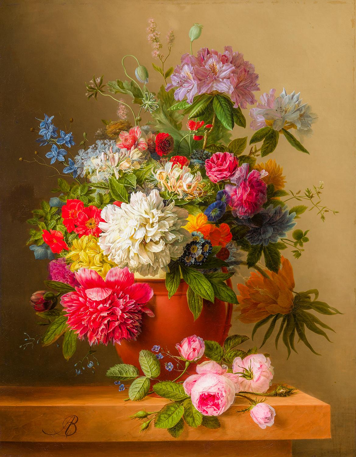 Nature morte de pivoines, de roses, de chèvrefeuille, de coquelicots et d'autres fleurs