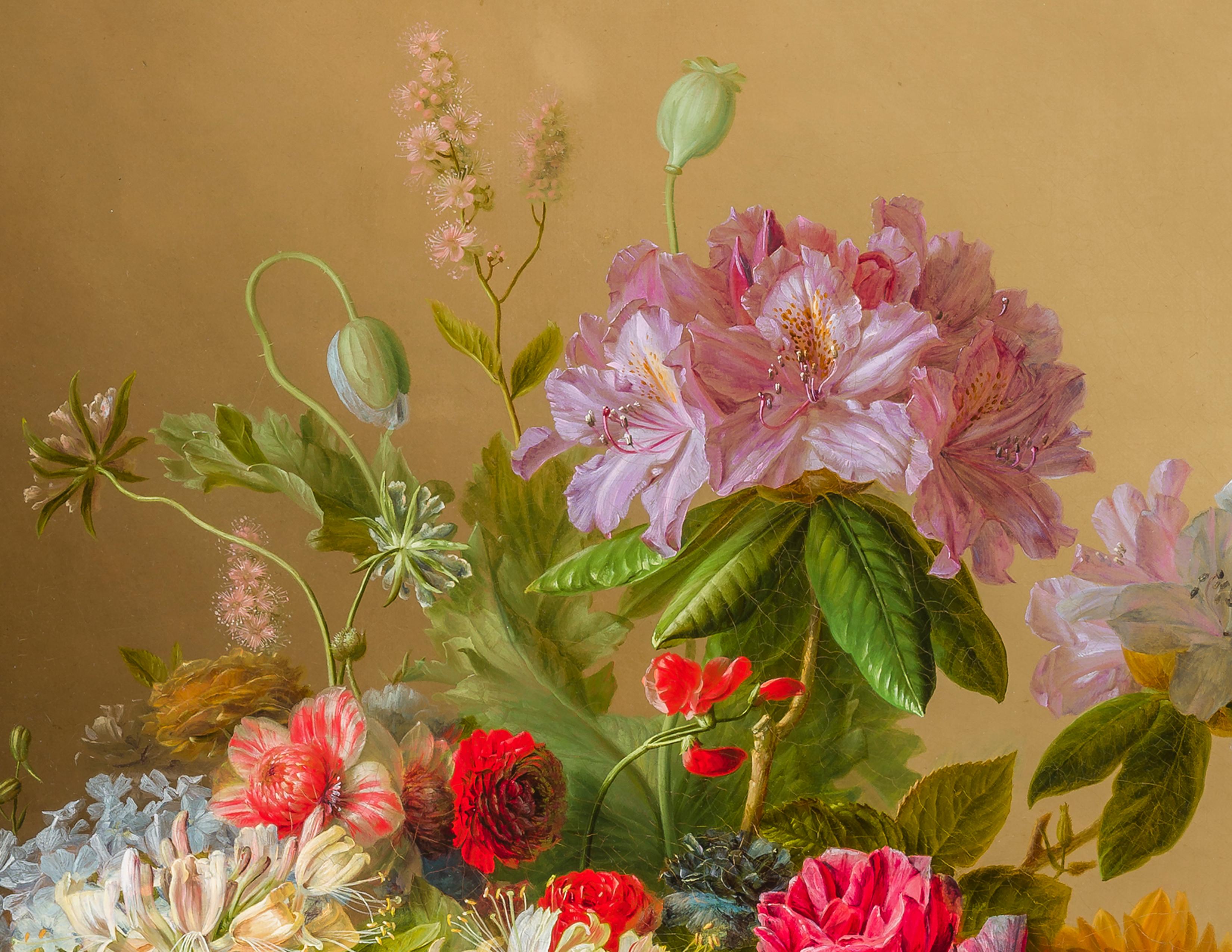 Stillleben mit Pfingstrosen, Rosen, Honigbeeren, Pflanzgefäßen und anderen Blumen (Romantik), Painting, von Arnoldus Bloemers 