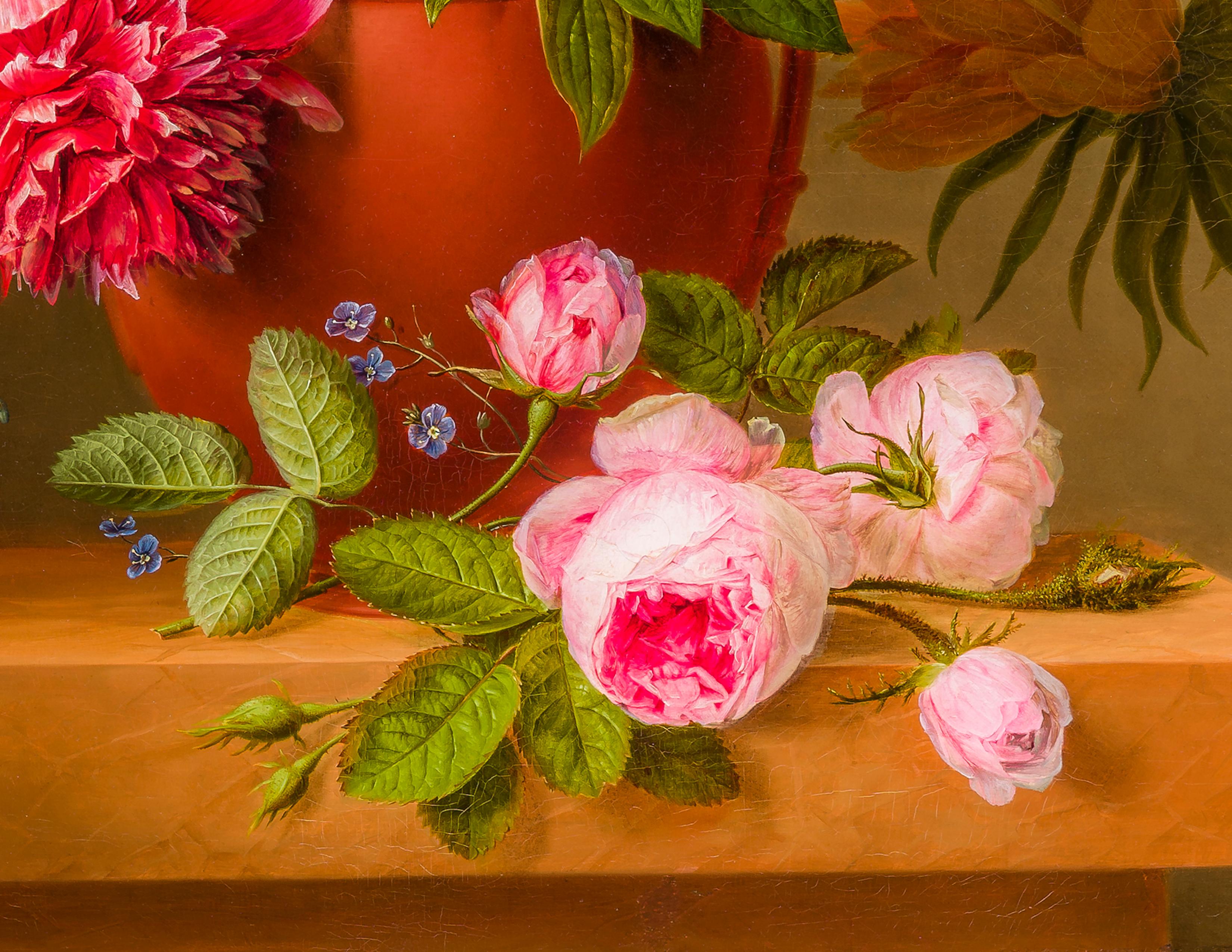 Stillleben mit Pfingstrosen, Rosen, Honigbeeren, Pflanzgefäßen und anderen Blumen (Braun), Still-Life Painting, von Arnoldus Bloemers 