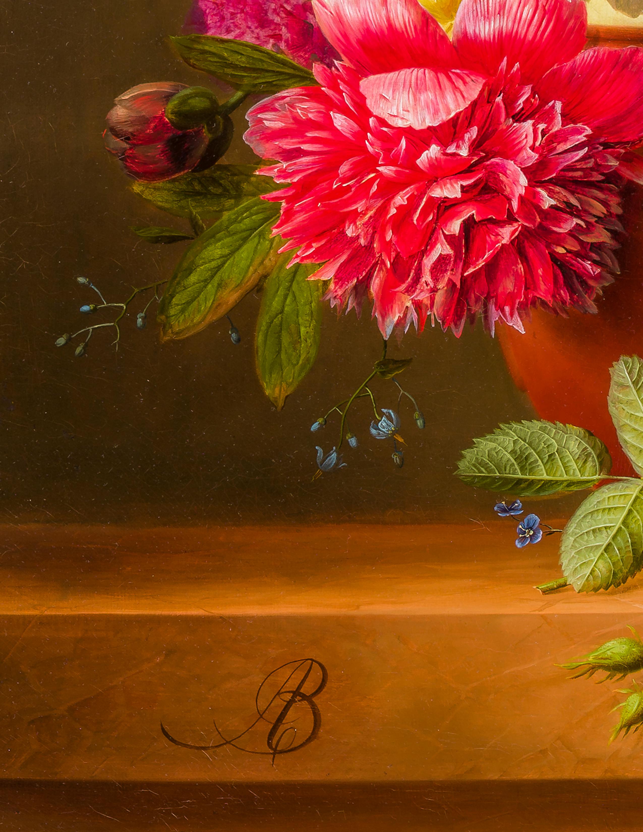 Stillleben mit Pfingstrosen, Rosen, Honigbeeren, Pflanzgefäßen und anderen Blumen im Angebot 2