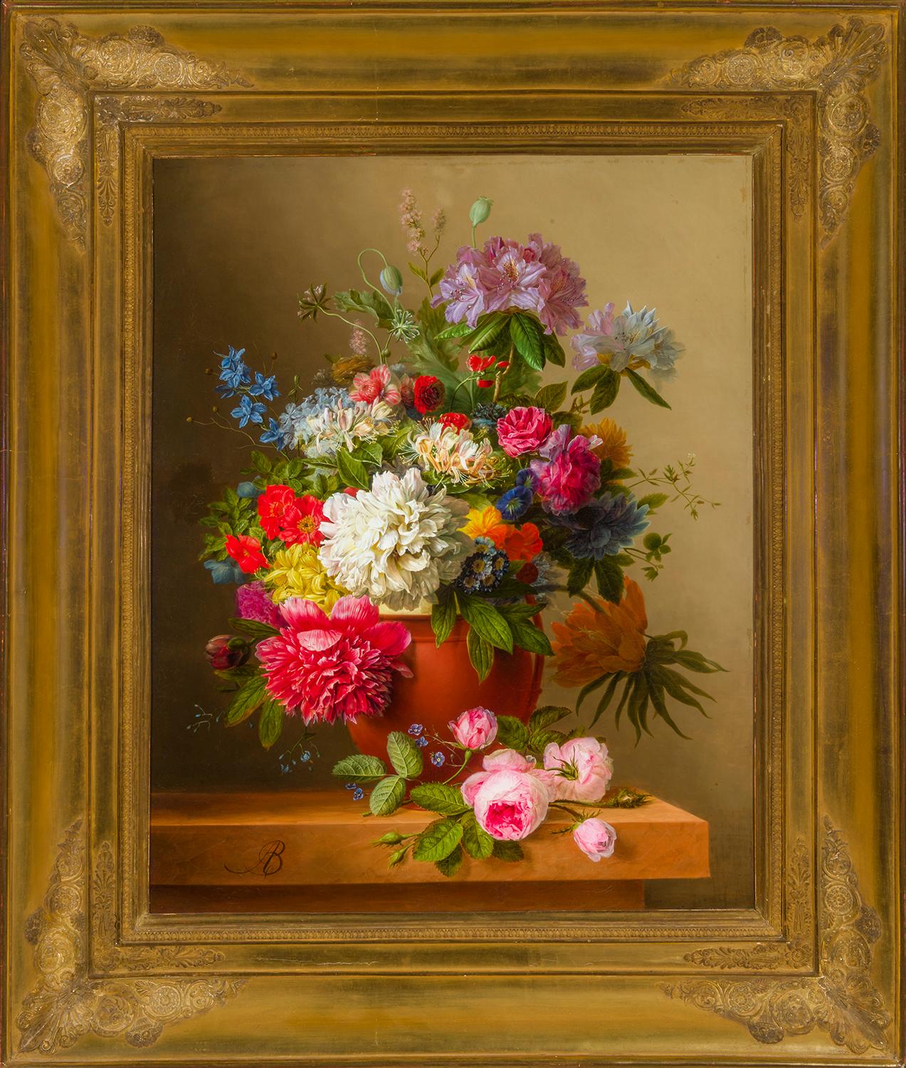 Arnoldus Bloemers  Still-Life Painting – Stillleben mit Pfingstrosen, Rosen, Honigbeeren, Pflanzgefäßen und anderen Blumen