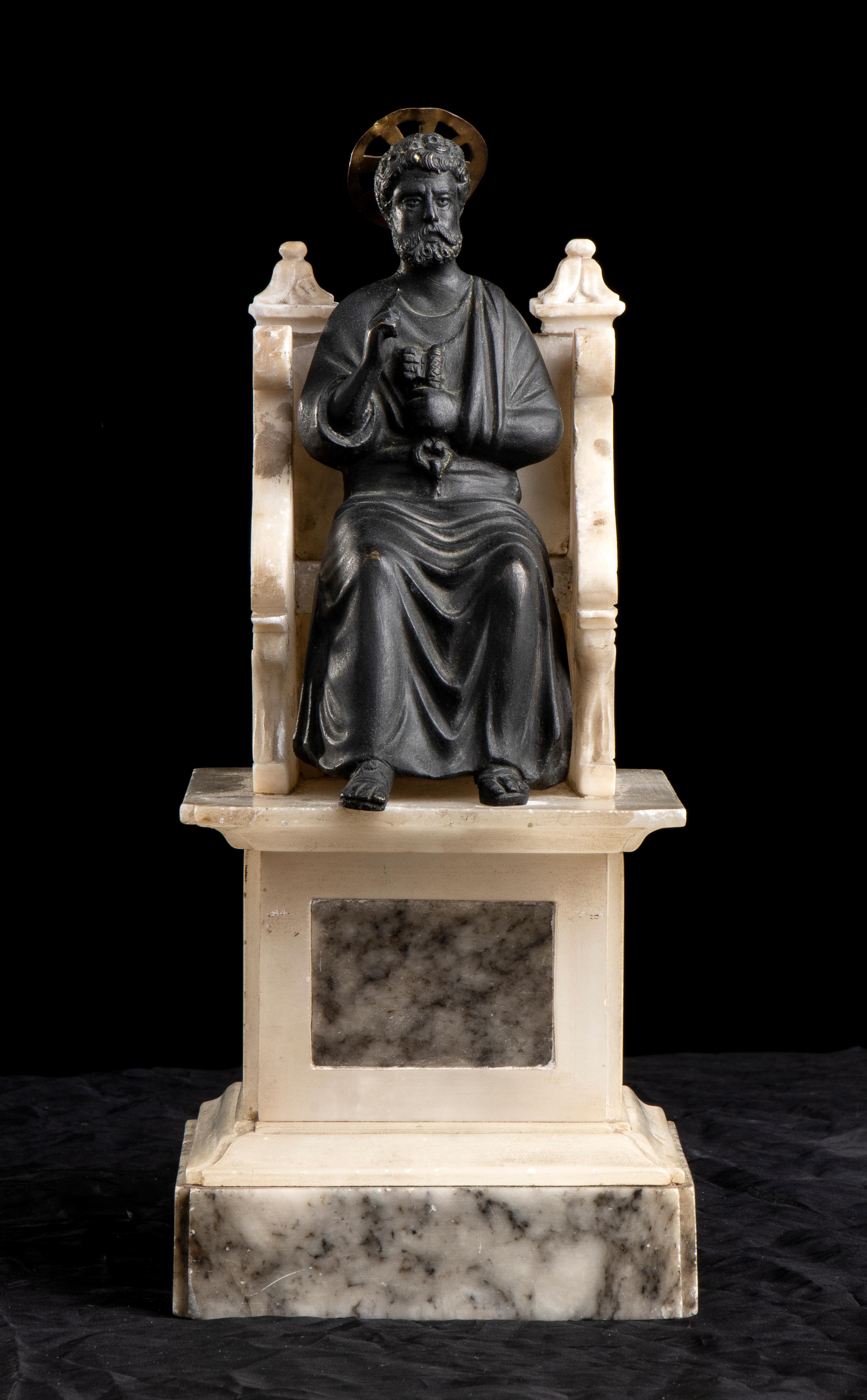 The original sculpture of the Italian sculptor Arnolfo di Cambio is in the Saint Peter's cathedral in Rome and represent Saint Peter  that was the first Pope in bronze sitting on a marble cathedra. the Cathedra represent the throne, the place from