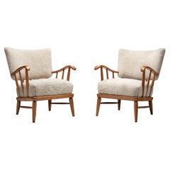 Arnt Lande 'attr.' Pair of Pine Armchairs by Møller & Stokke, Norway, 1940s