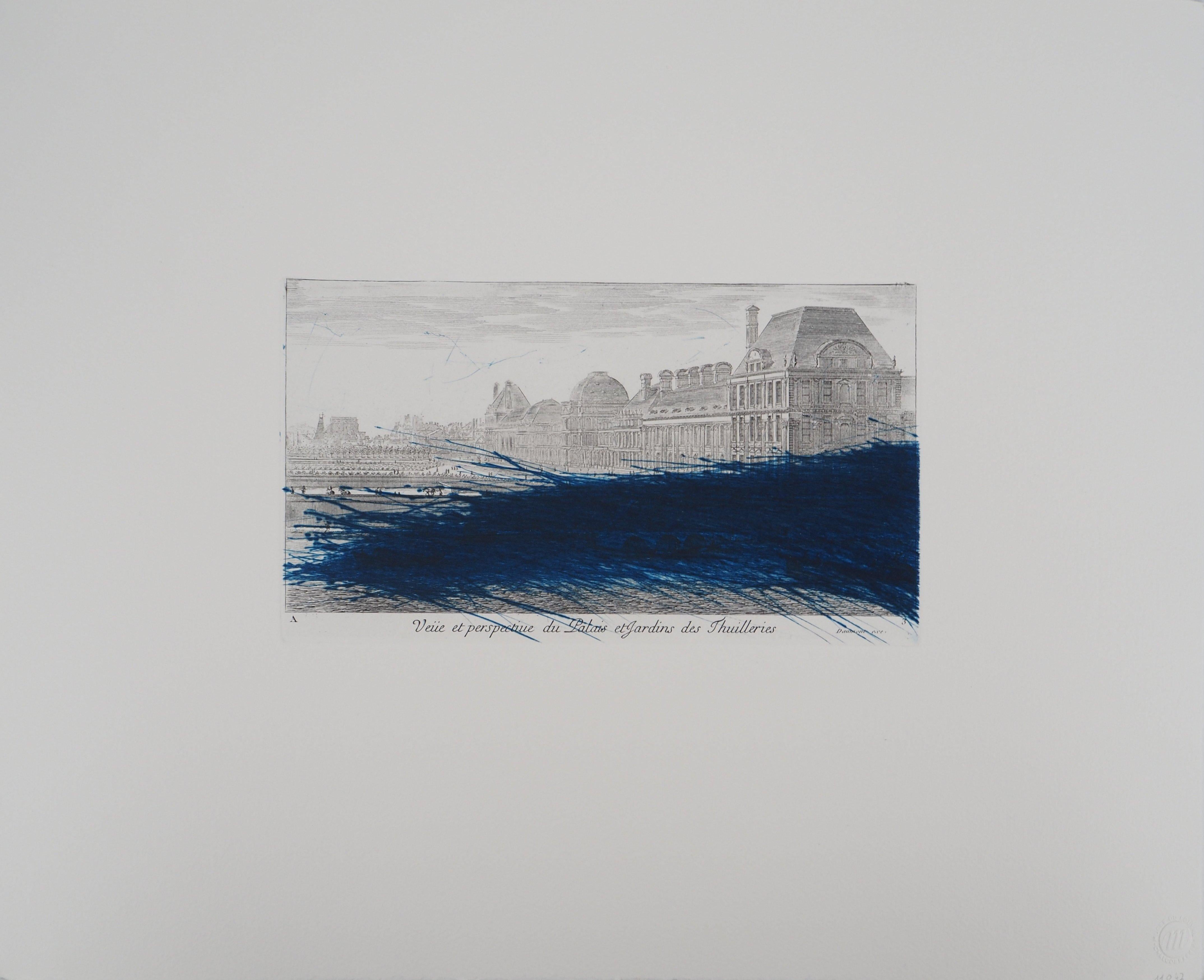 París : Museo del Louvre con rayado azul - Grabado original - Print de Arnulf Rainer