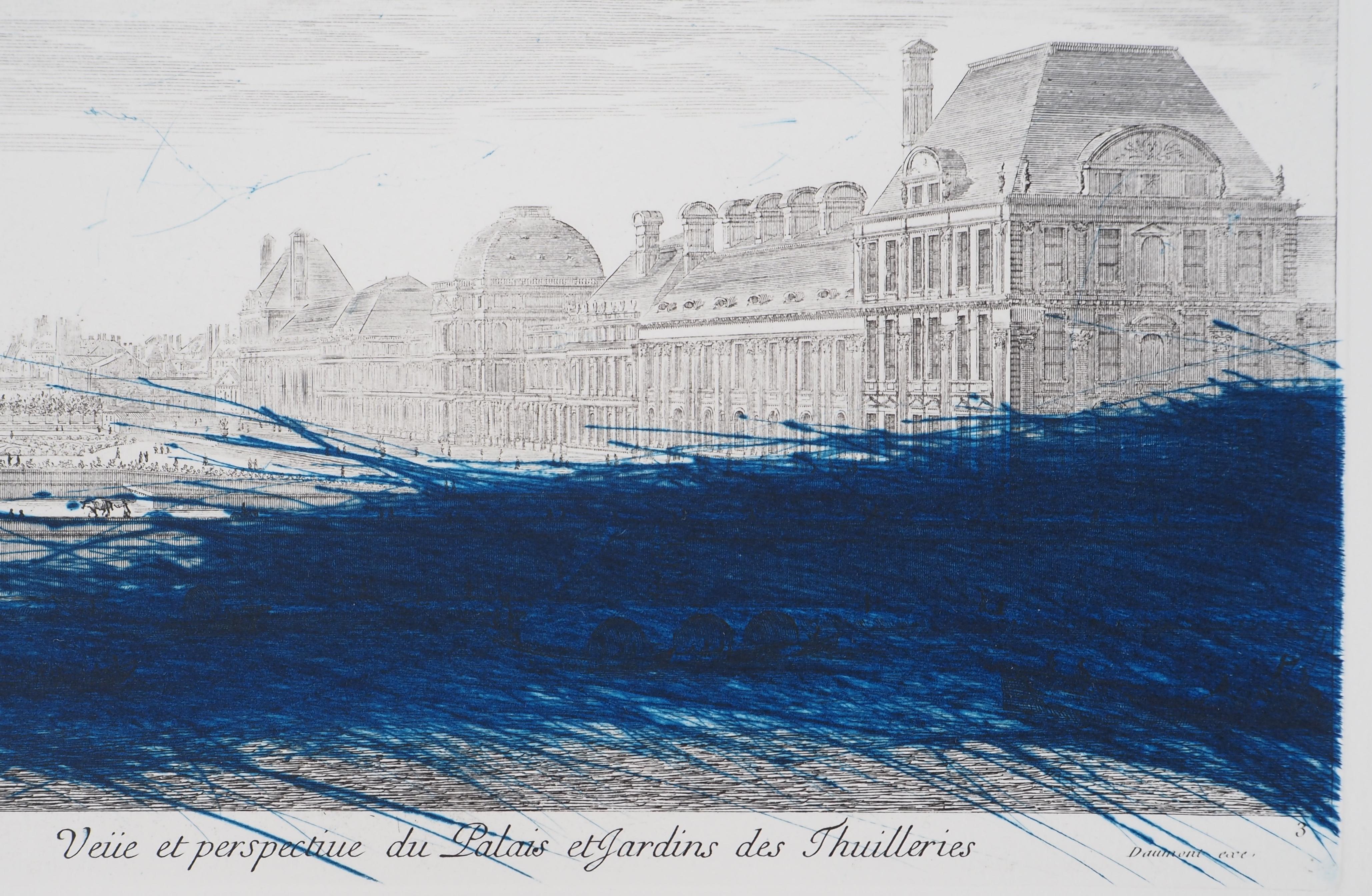 París : Museo del Louvre con rayado azul - Grabado original - Print Expresionista de Arnulf Rainer