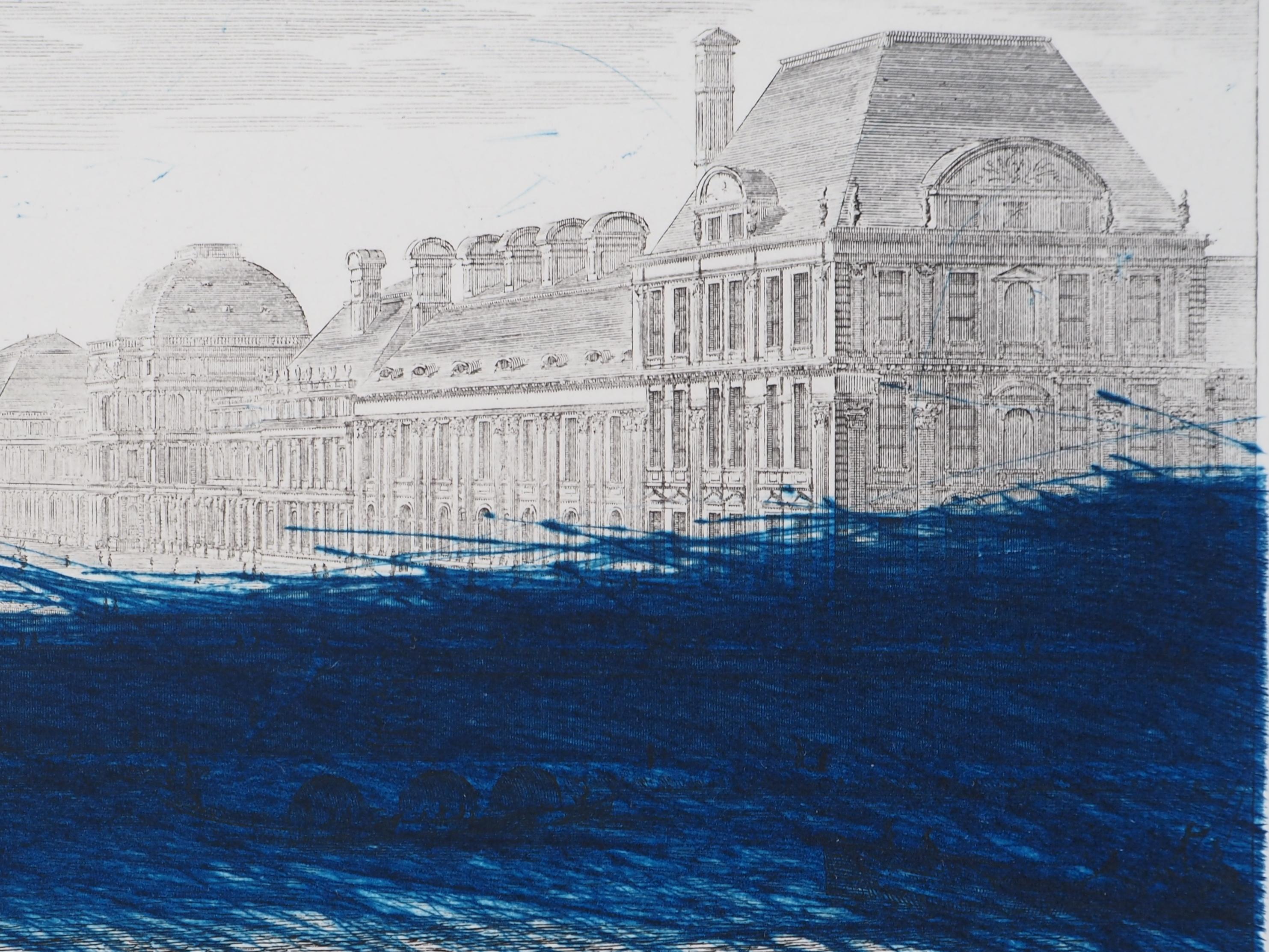 París : Museo del Louvre con rayado azul - Grabado original - Landscape Print Gris de Arnulf Rainer