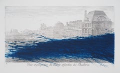 Paris : Louvre Museum with Blue Scratch - Original etching