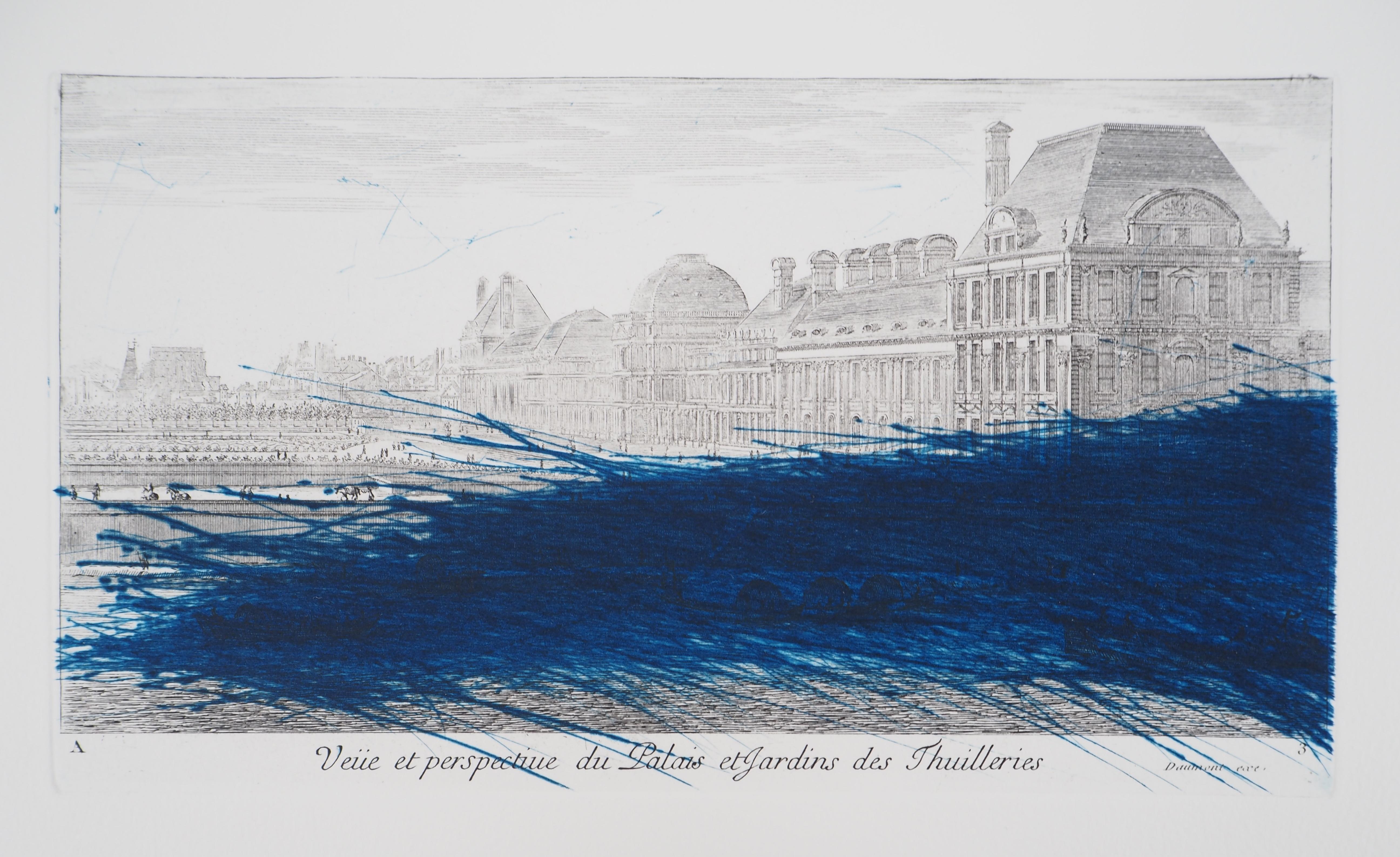 París : Museo del Louvre con rayado azul - Grabado original