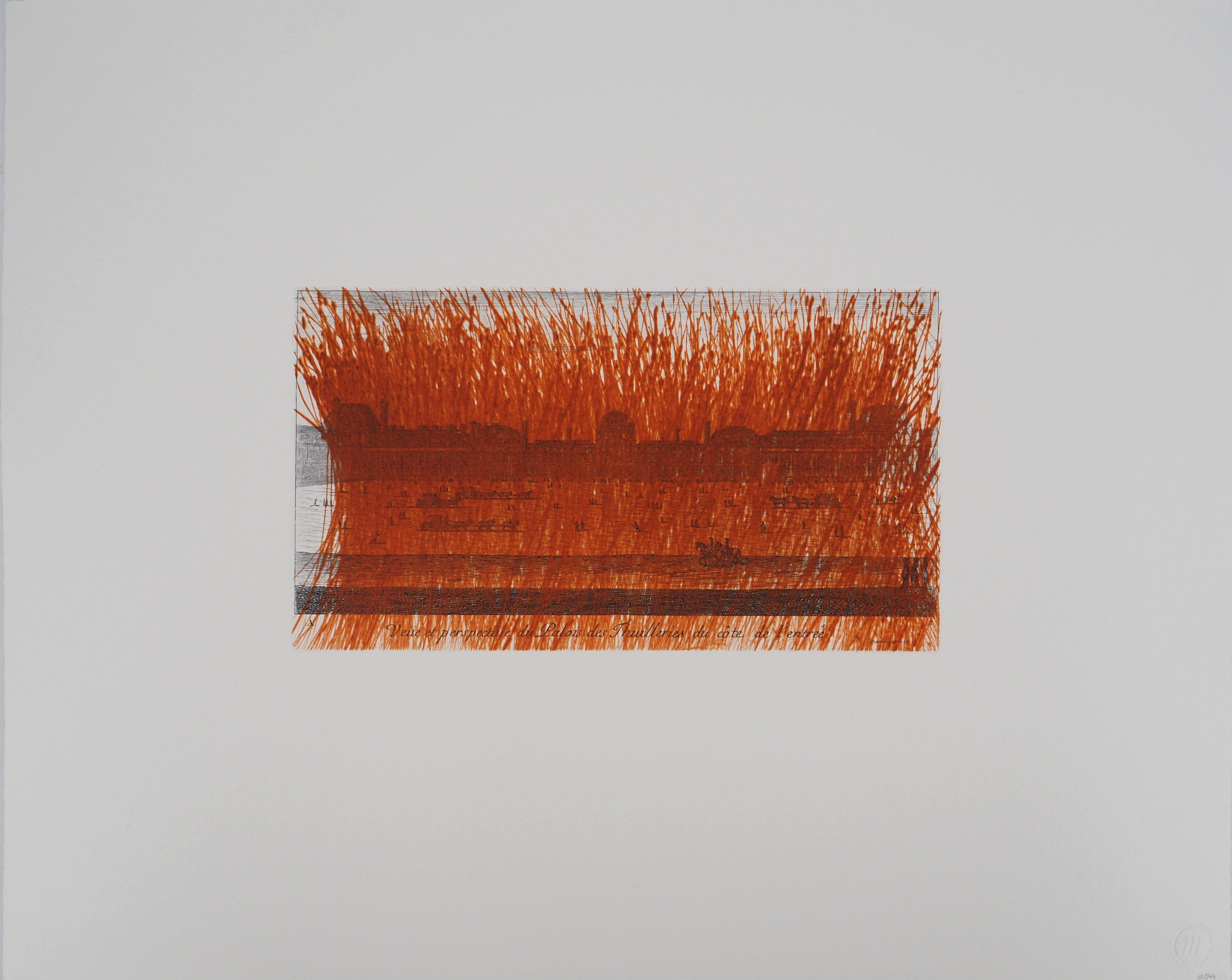 París : Museo del Louvre con rayado naranja (fuego) - Grabado original - Print de Arnulf Rainer