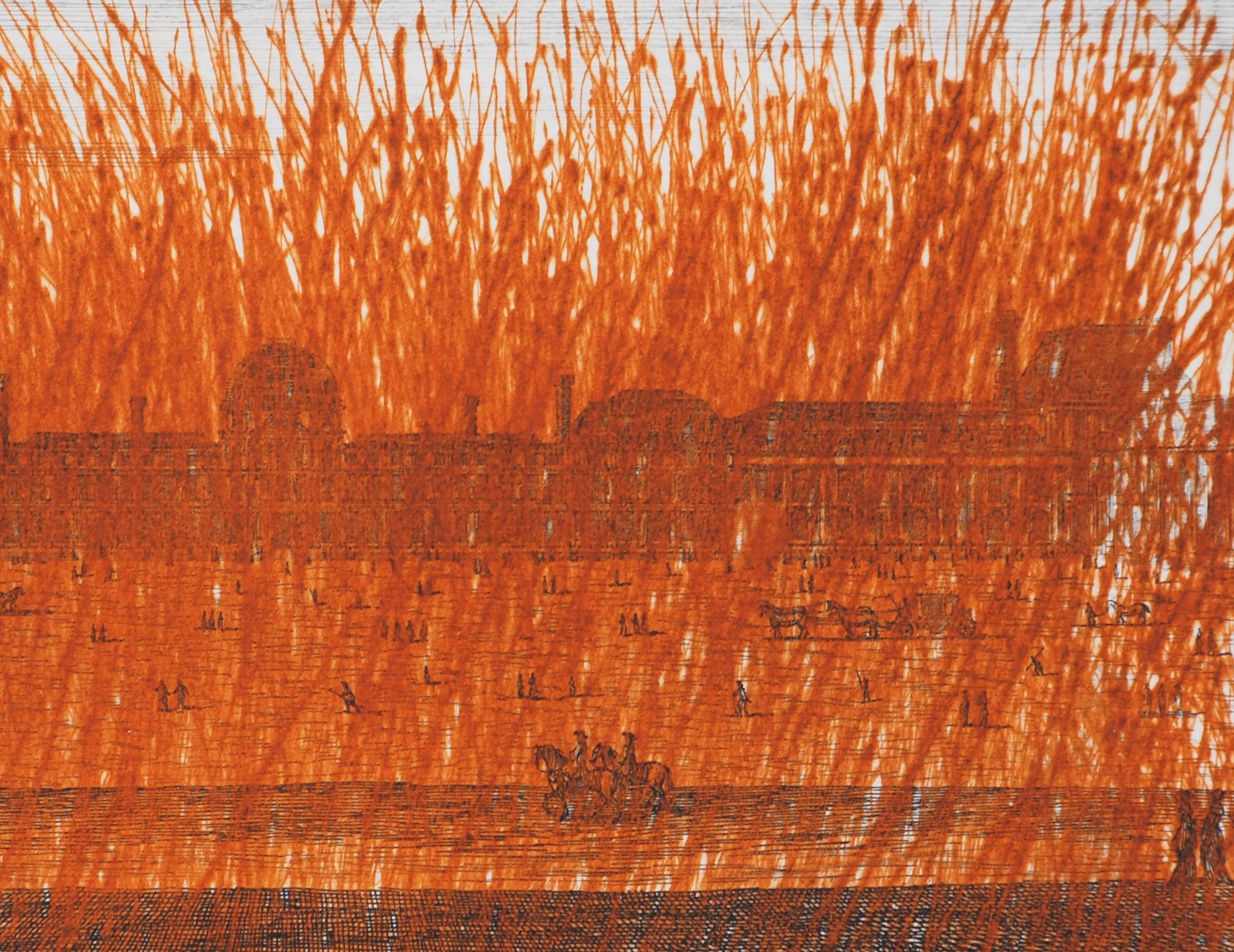 París : Museo del Louvre con rayado naranja (fuego) - Grabado original - Landscape Print Naranja de Arnulf Rainer