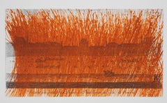 París : Museo del Louvre con rayado naranja (fuego) - Grabado original
