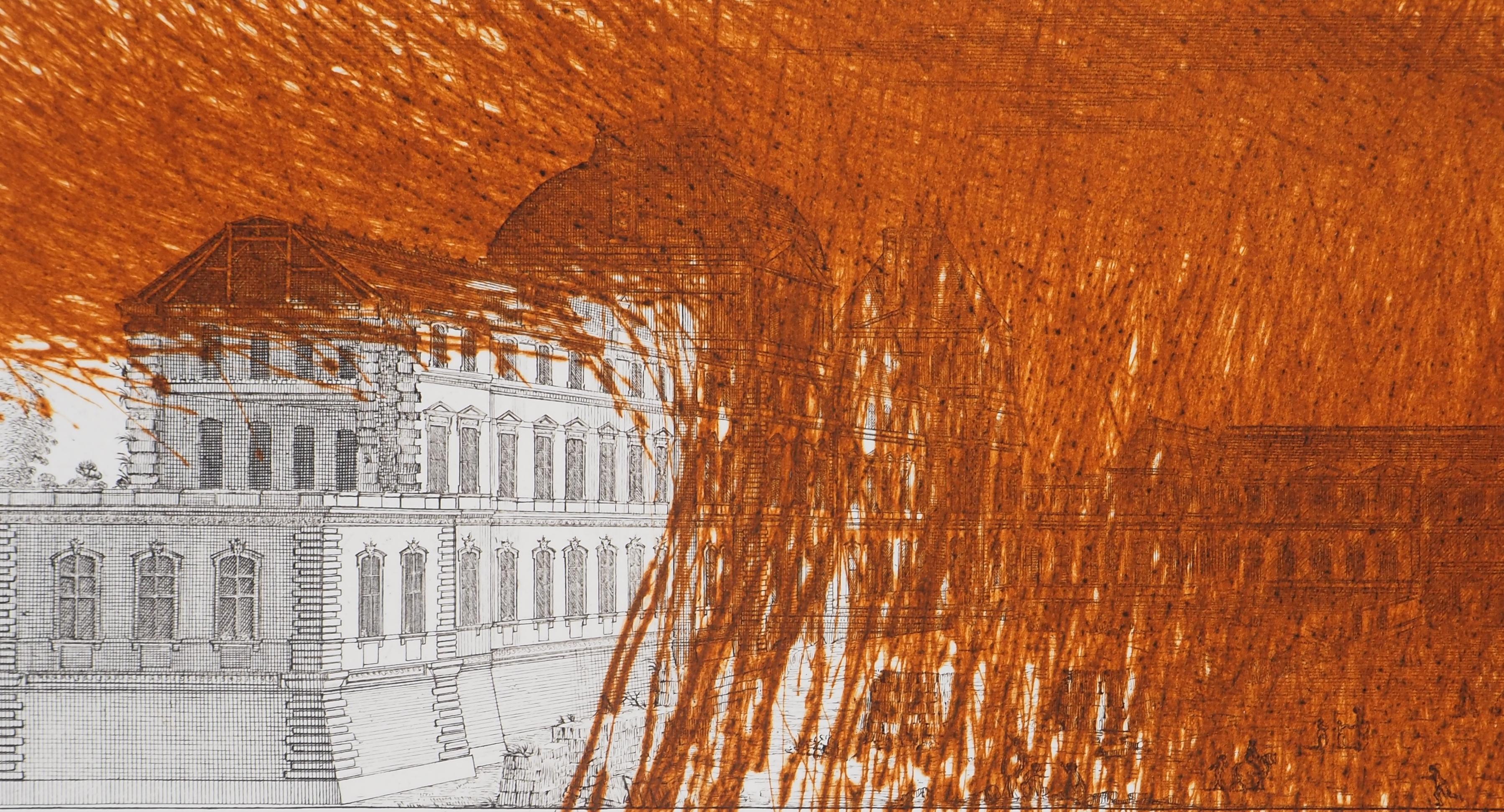 París : Homenaje al Museo del Louvre con Rasguño Naranja - Grabado original - Print Expresionista de Arnulf Rainer