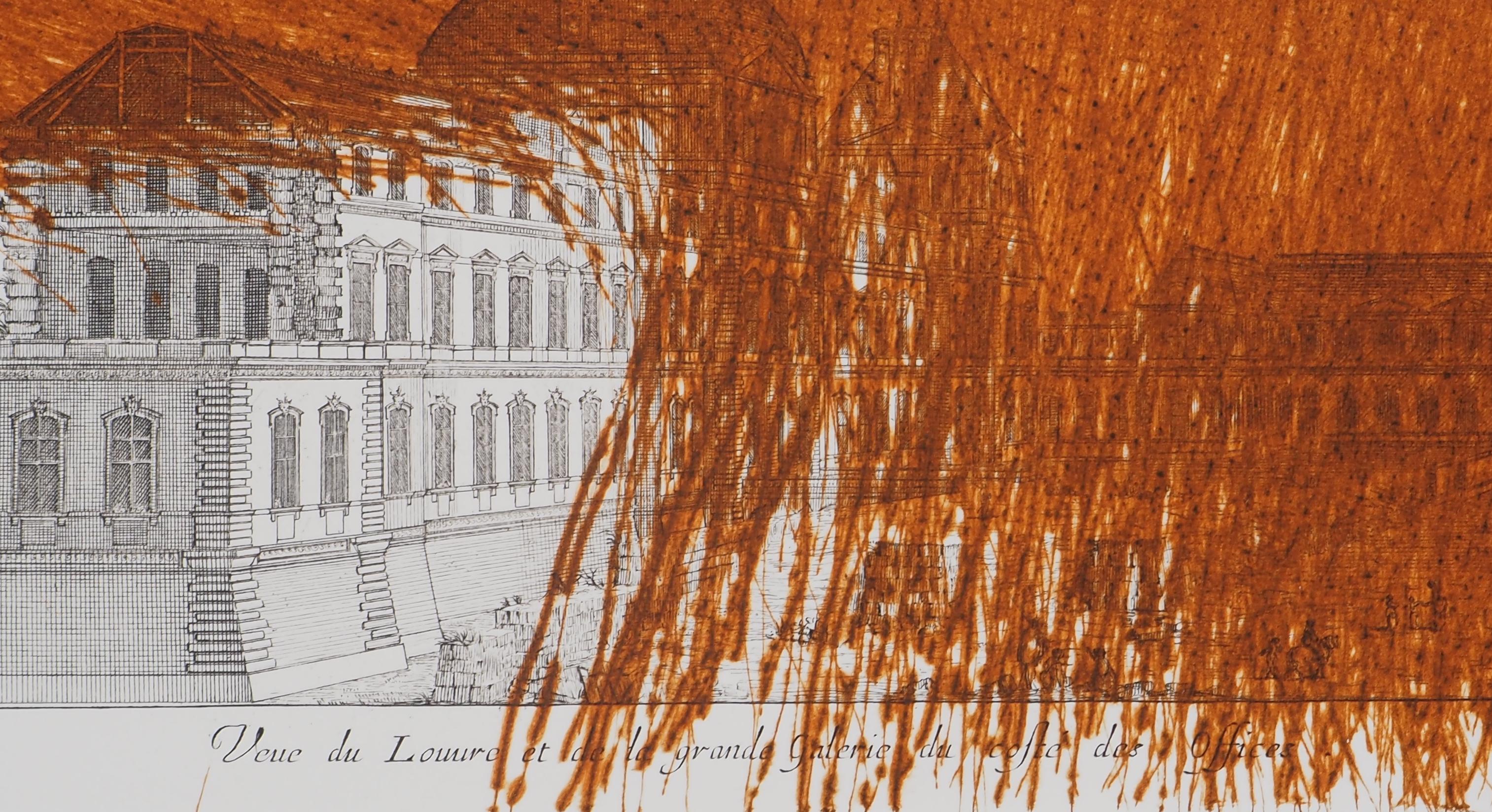 París : Homenaje al Museo del Louvre con Rasguño Naranja - Grabado original en venta 1