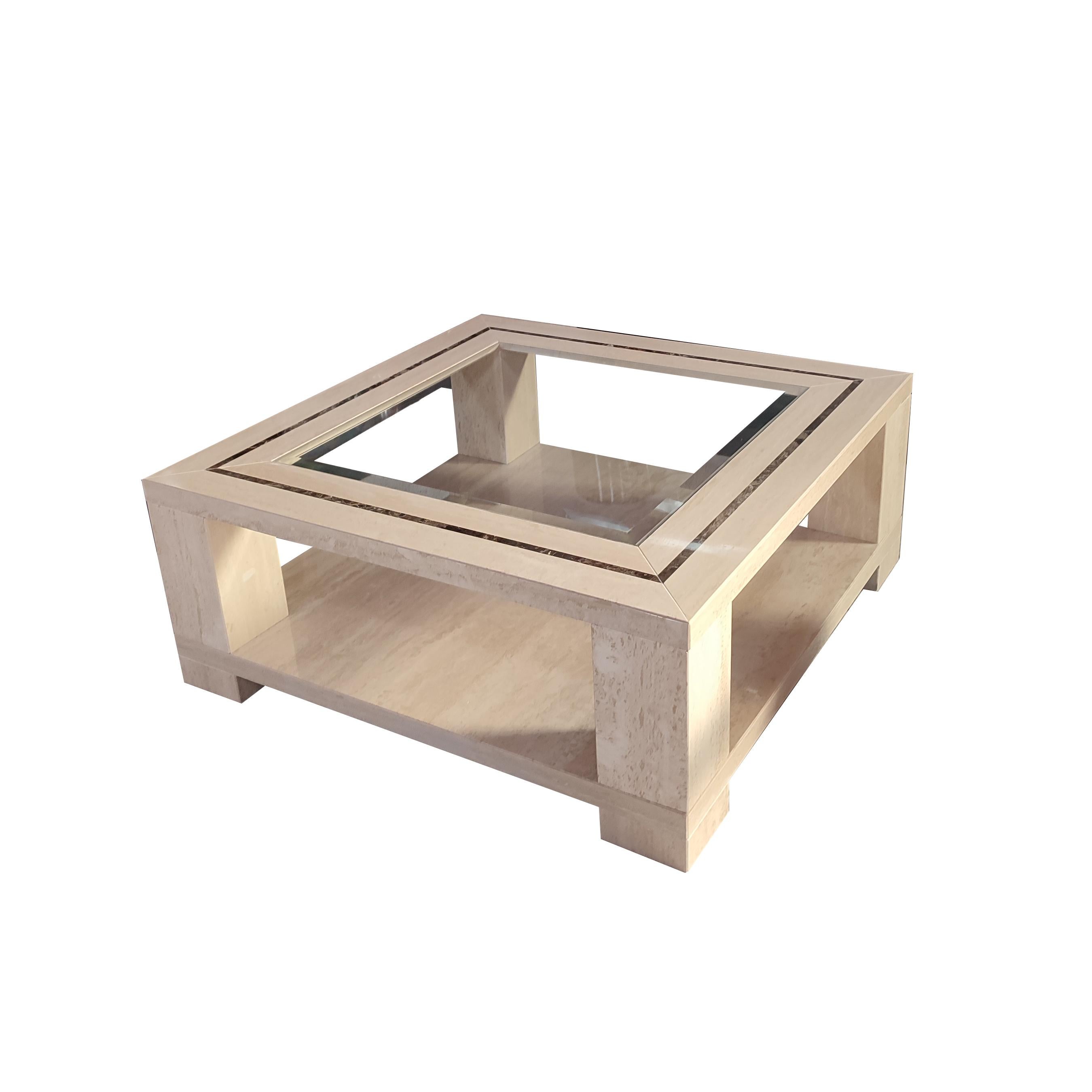 Aroa Marble Travertine Design Table Midcentury Original Marble Marquetry & Brown
The Aroa coffee table is an original piece from the 80's, manufactured by Creaciones Moll in Segovia, Spain. The Aroa table consists of a lower magazine rack in